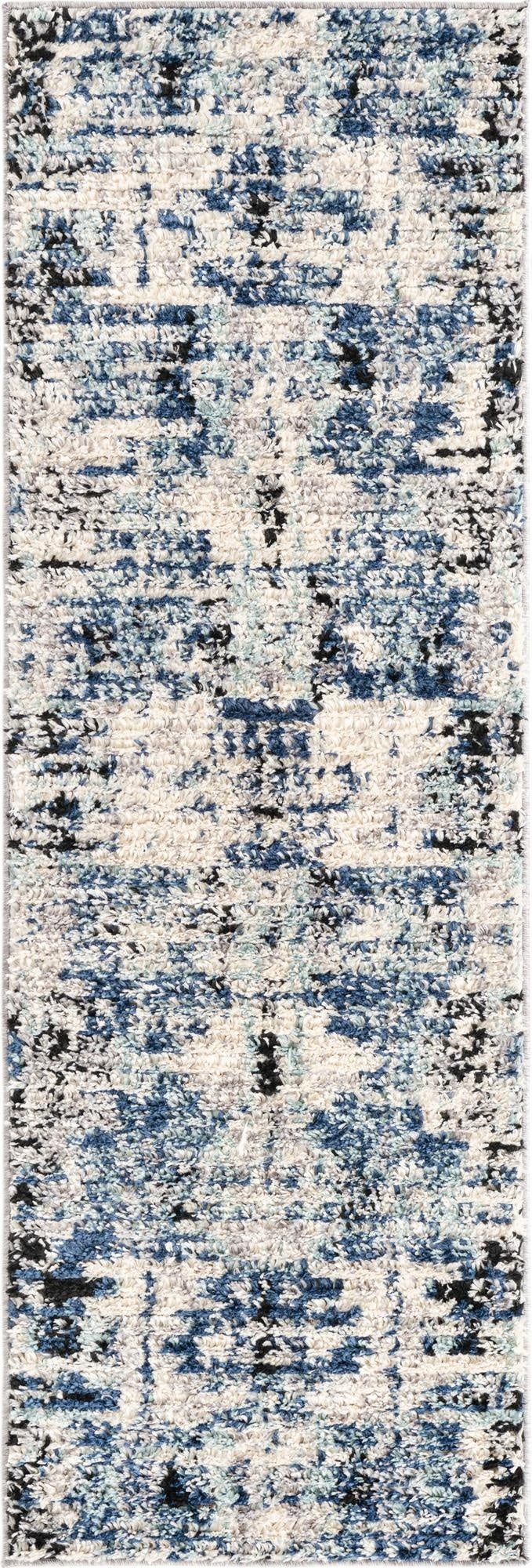 A 6 ft runner rug with a textured shag pile, featuring an abstract Southwestern pattern in various shades of blue, white, and black.