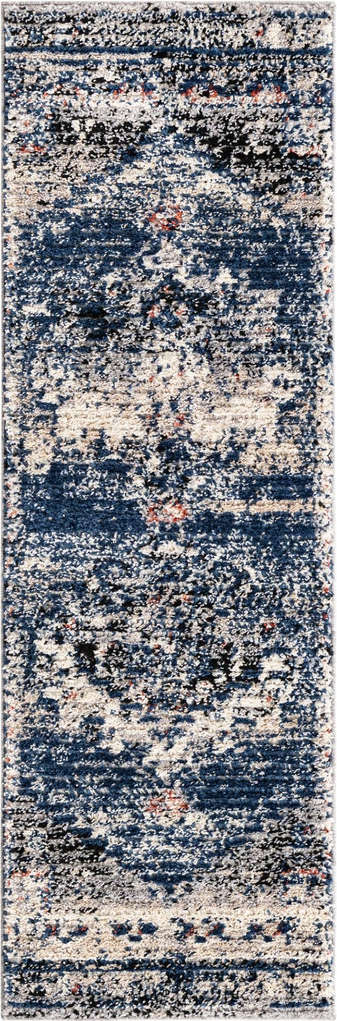 A 6 ft runner rug from the Tucson collection, featuring a textured shag pile with a distressed traditional Southwestern pattern in shades of blue, cream, and hints of orange.