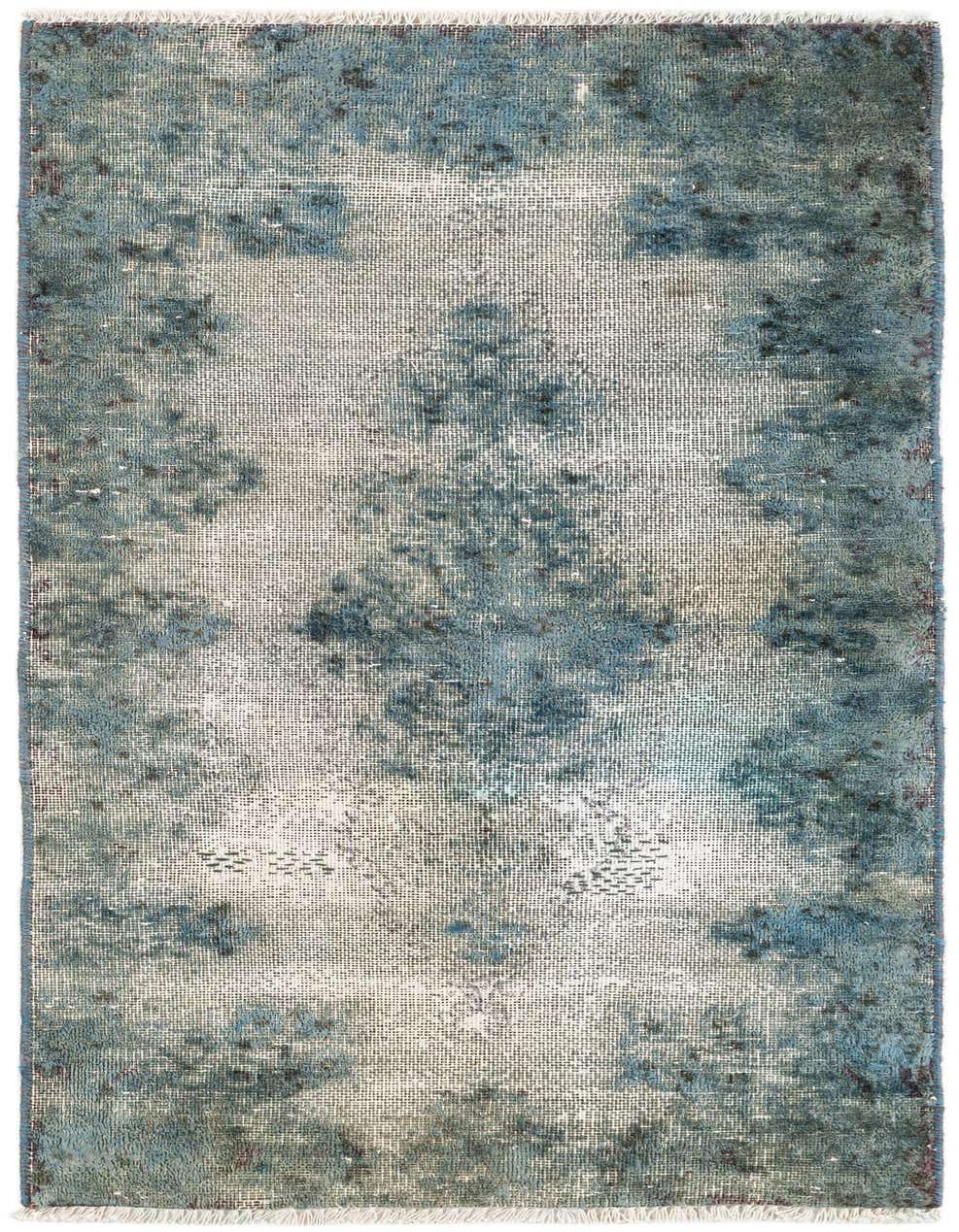 A 4 Ft runner rug with a distressed blue and off-white Persian-style medallion pattern, handmade from wool.