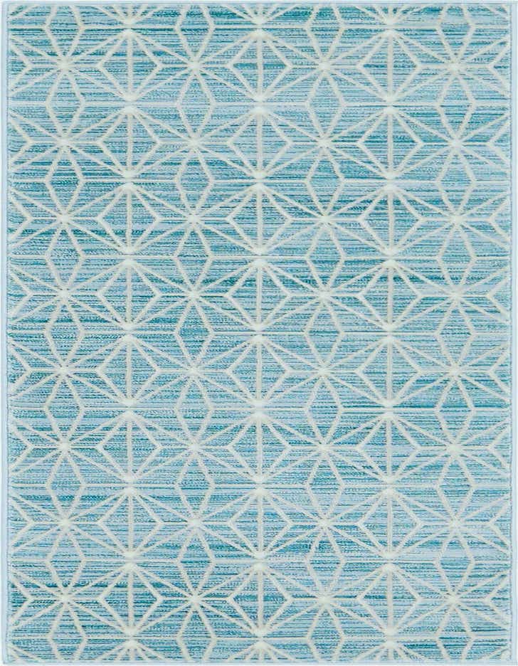 A 6 ft runner rug with a geometric diamond pattern in varying shades of blue and white, suitable for a hallway.