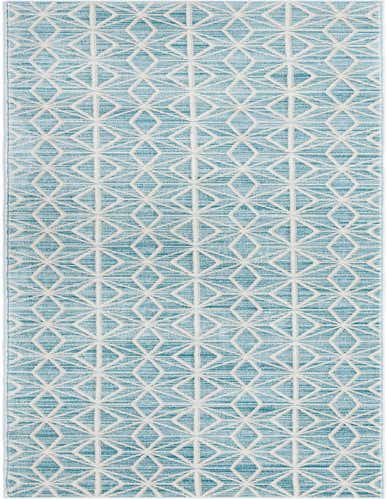 A 14 ft runner rug in shades of blue with a repeating modern geometric pattern in white, featuring a textured, thin pile.