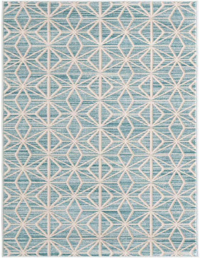 A blue and cream 8 ft runner rug with a repeating geometric diamond pattern, perfect for a hallway.