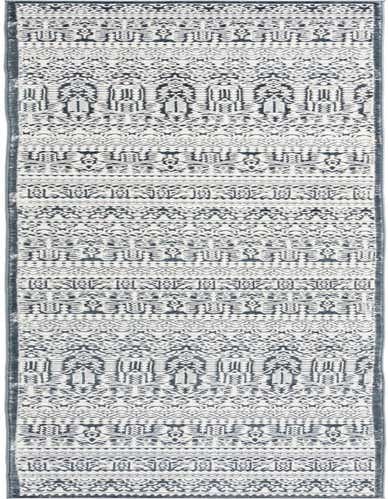 A 14 ft runner rug in shades of blue and white, featuring a striped pattern with various geometric and ornamental motifs, ideal for a hallway.