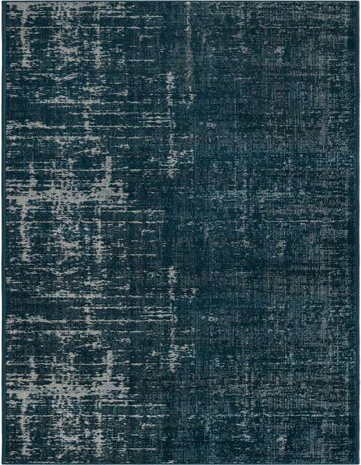 A 10 ft runner rug in deep blue with a distressed, abstract white pattern, perfect for a hallway.