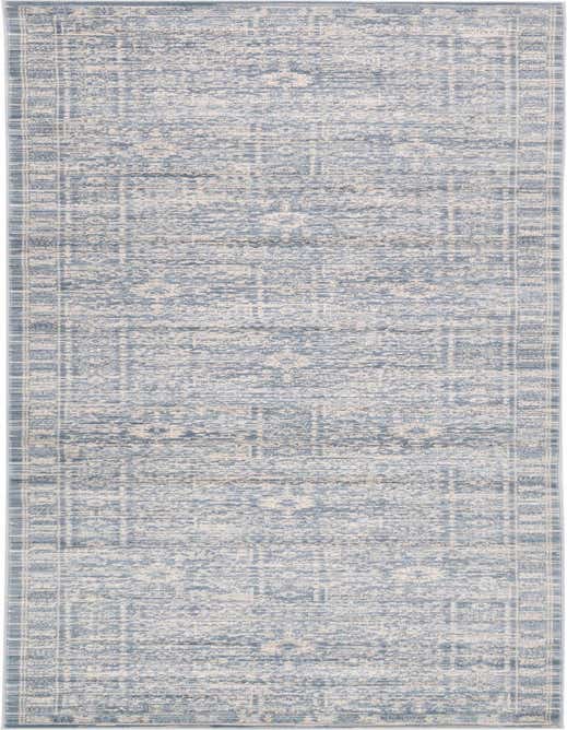 A 10 ft runner rug in shades of blue and cream with a distressed bohemian medallion pattern and a striped border, ideal for a hallway.