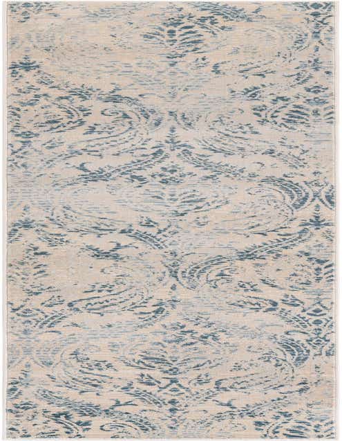 An 8 ft runner rug from the Victoria collection by Rugs.com, featuring a distressed blue floral and oriental pattern on a light beige background, ideal for hallways.