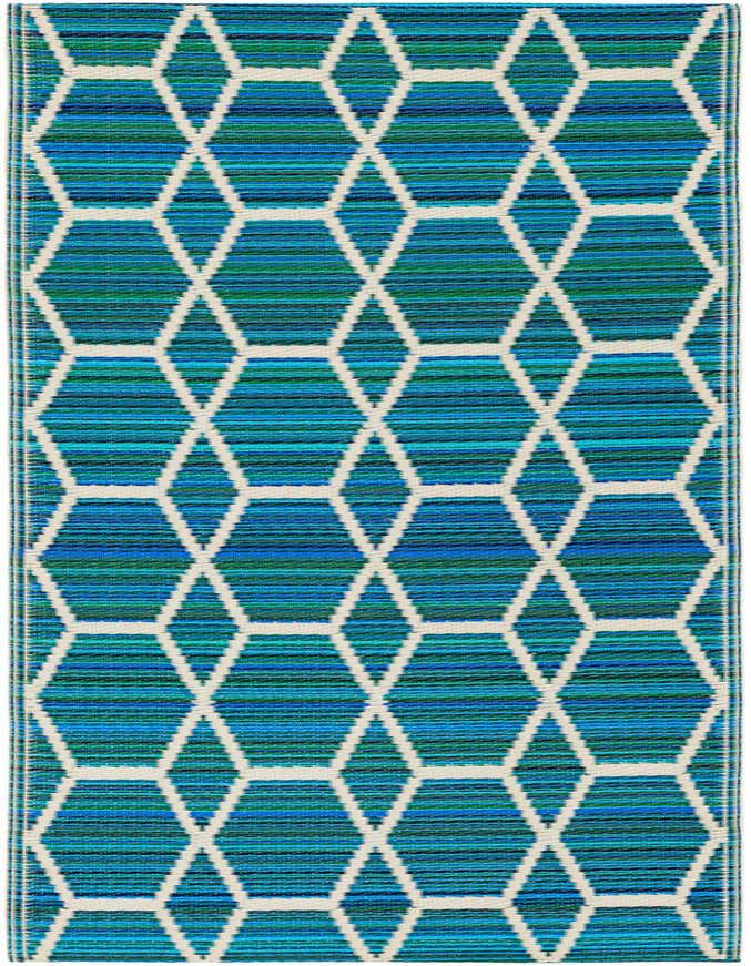 A 6 ft runner rug featuring a modern geometric pattern of white hexagons over a background of varied blue and green stripes.