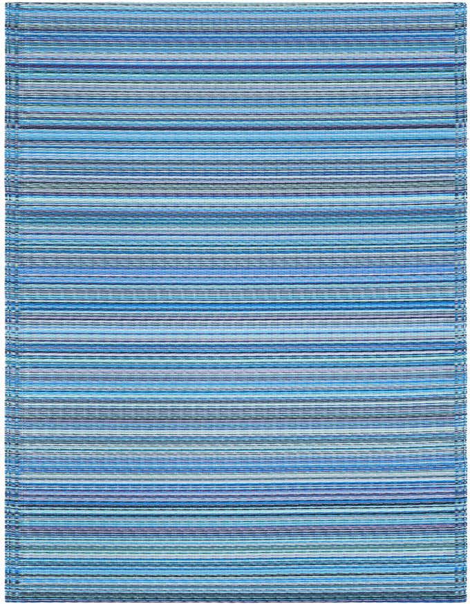 A 6 ft runner rug featuring horizontal stripes in various shades of blue, purple, and teal, suitable for indoor/outdoor use.
