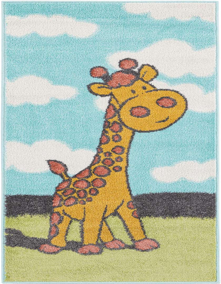 A colorful 5 ft runner rug featuring a cartoon giraffe with orange spots, standing on green grass under a blue sky with white clouds.