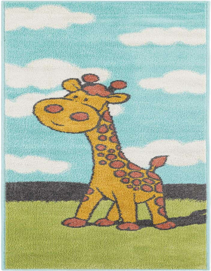 A colorful 6 ft runner rug featuring a smiling yellow giraffe with orange spots, standing on green grass under a blue sky with white clouds.