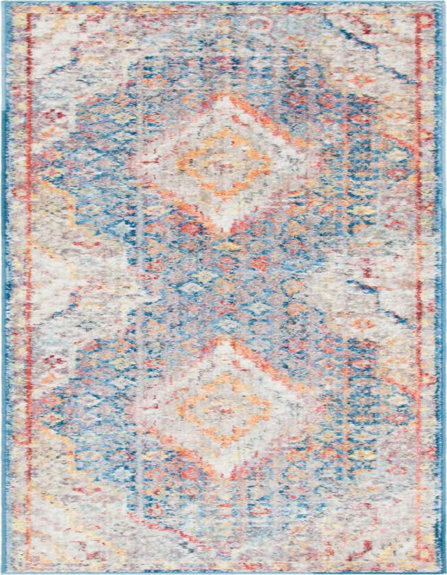 A vibrant 8 ft runner rug with a distressed Bohemian medallion pattern in shades of blue, orange, and cream, ideal for a hallway.