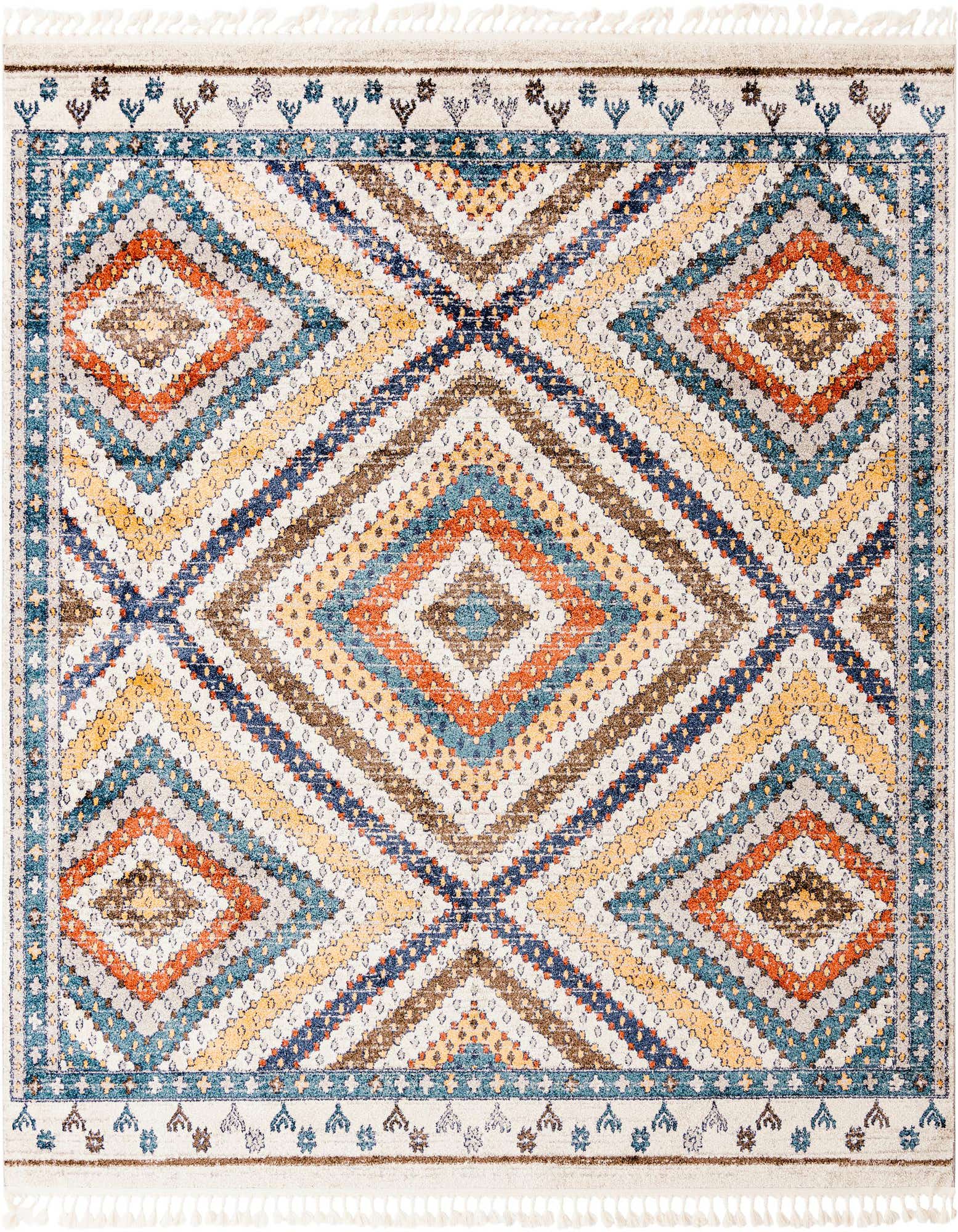 A 10' 0 x 10' 0 square Aramis rug featuring a vibrant blue, orange, yellow, and brown striped geometric pattern with diamond motifs and fringe.