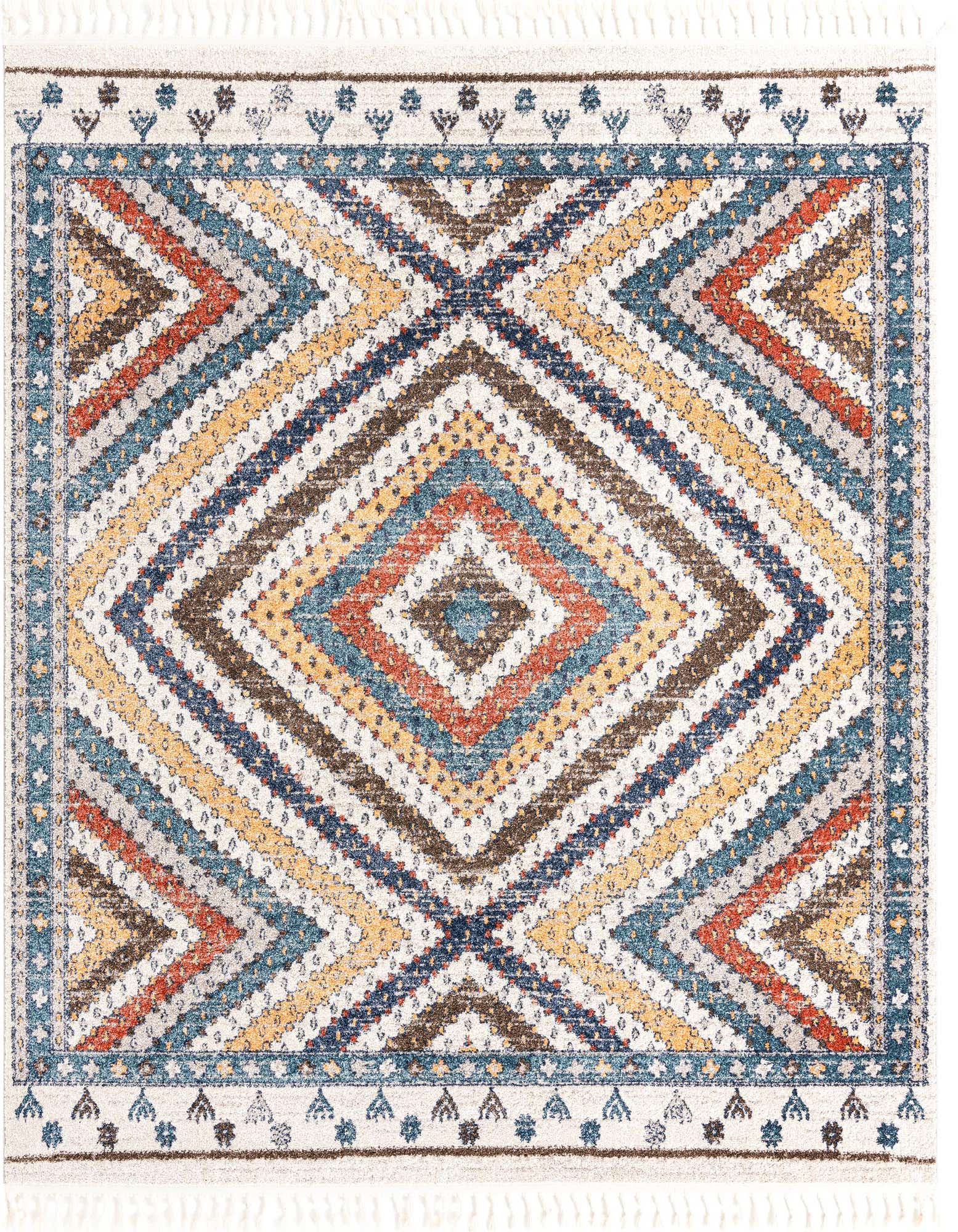 A square 7'10" x 7'10" Rugs.com Aramis rug featuring a modern geometric pattern with blue, orange, brown, and yellow stripes forming large diamonds on a light background, with fringe.
