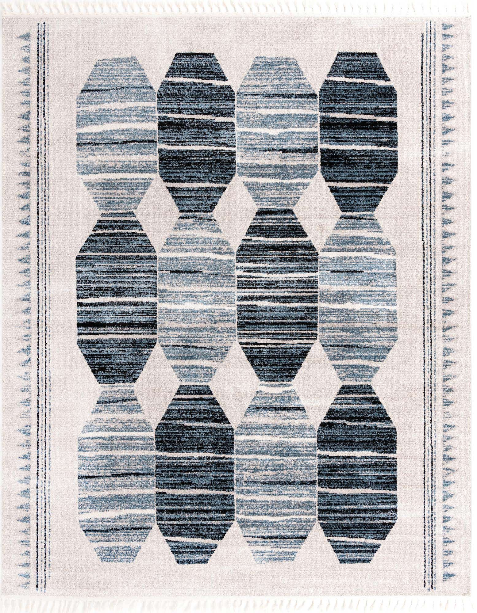 A square Rugs.com Aramis rug featuring a modern blue and white striped geometric pattern with fringe.