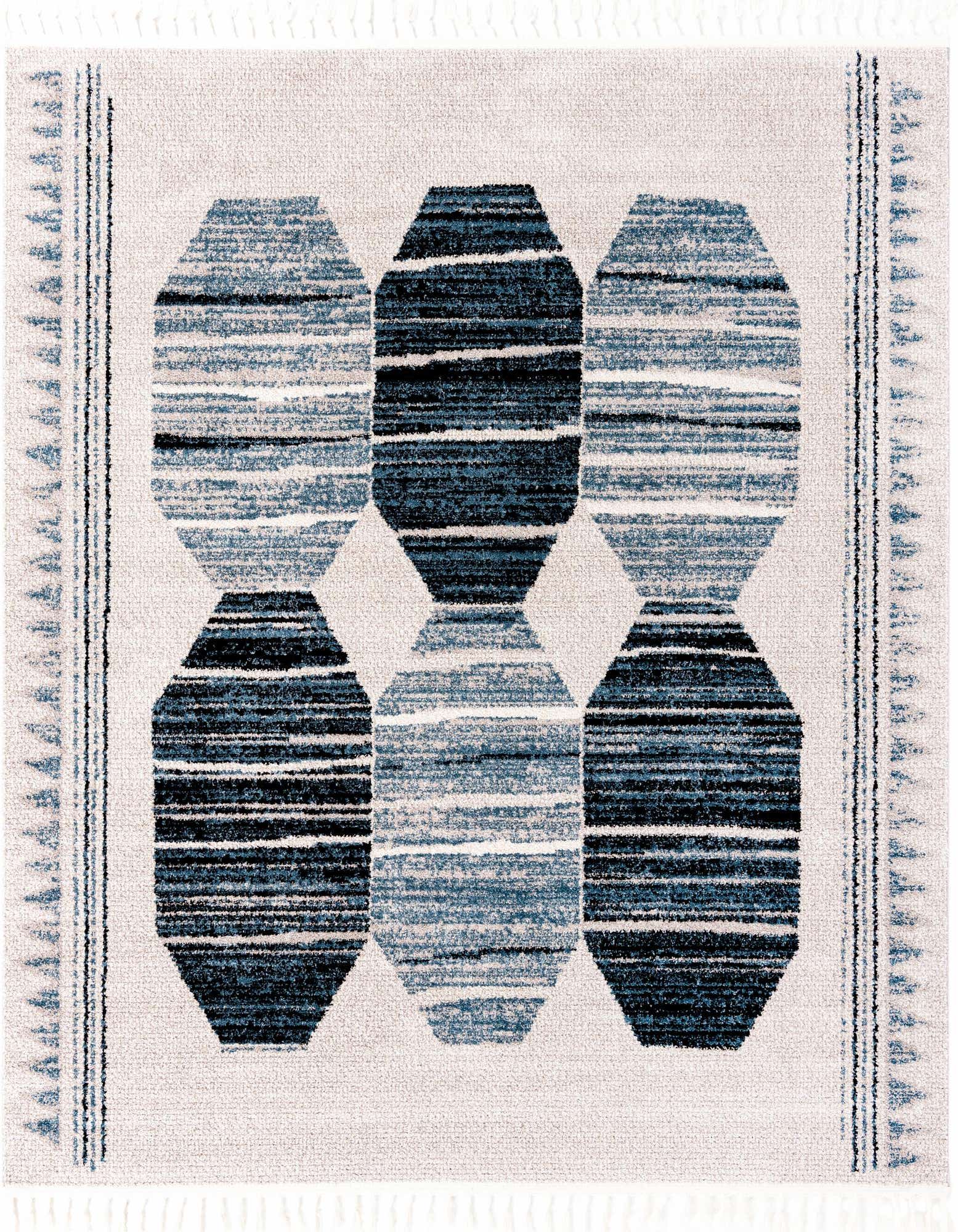 A square Aramis rug featuring a modern pattern of blue and black striped octagons on a light background, with fringed edges.