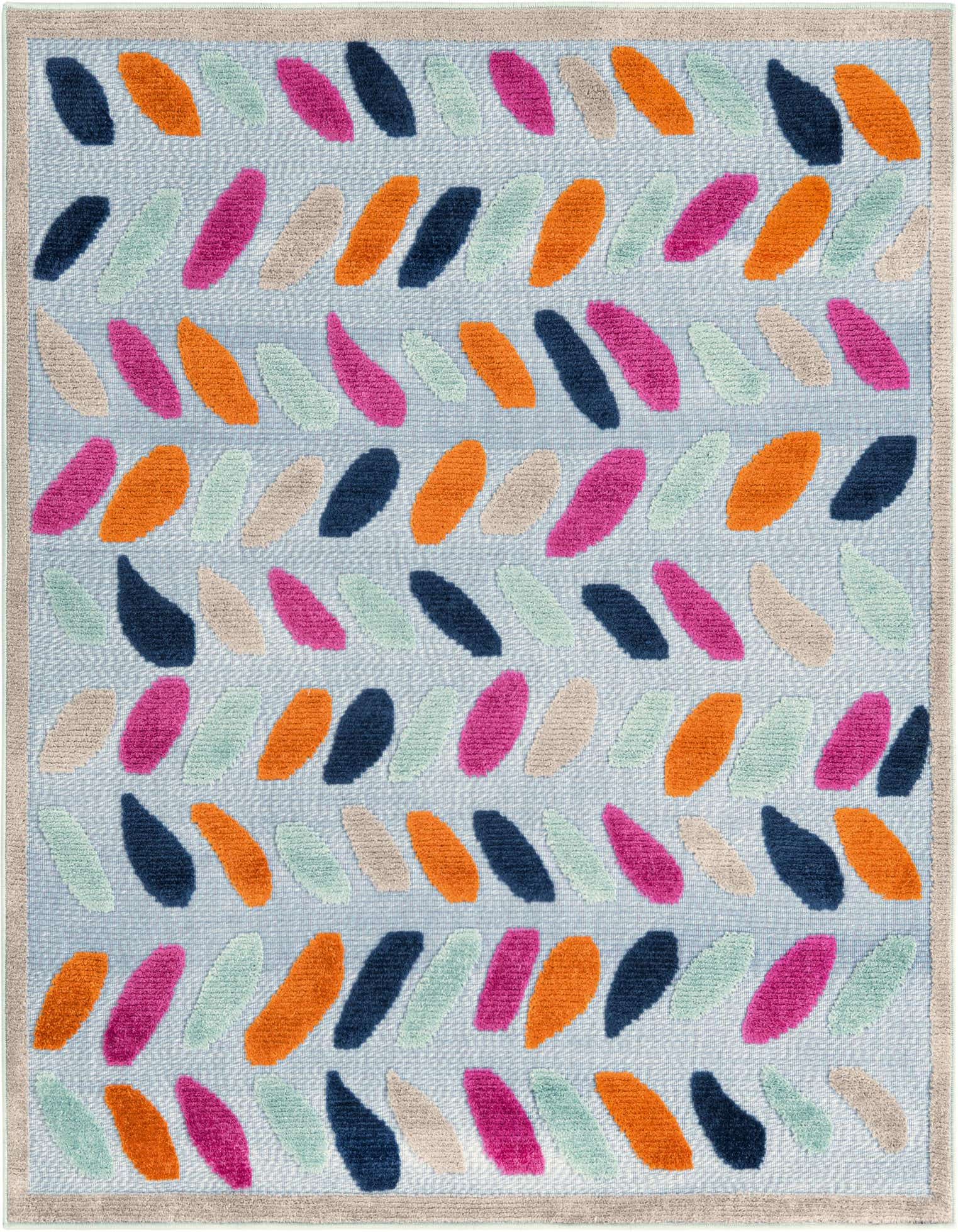A square 5'3" x 5'3" blue indoor/outdoor rug with a vibrant, eclectic leaf pattern in orange, pink, navy, and light green.