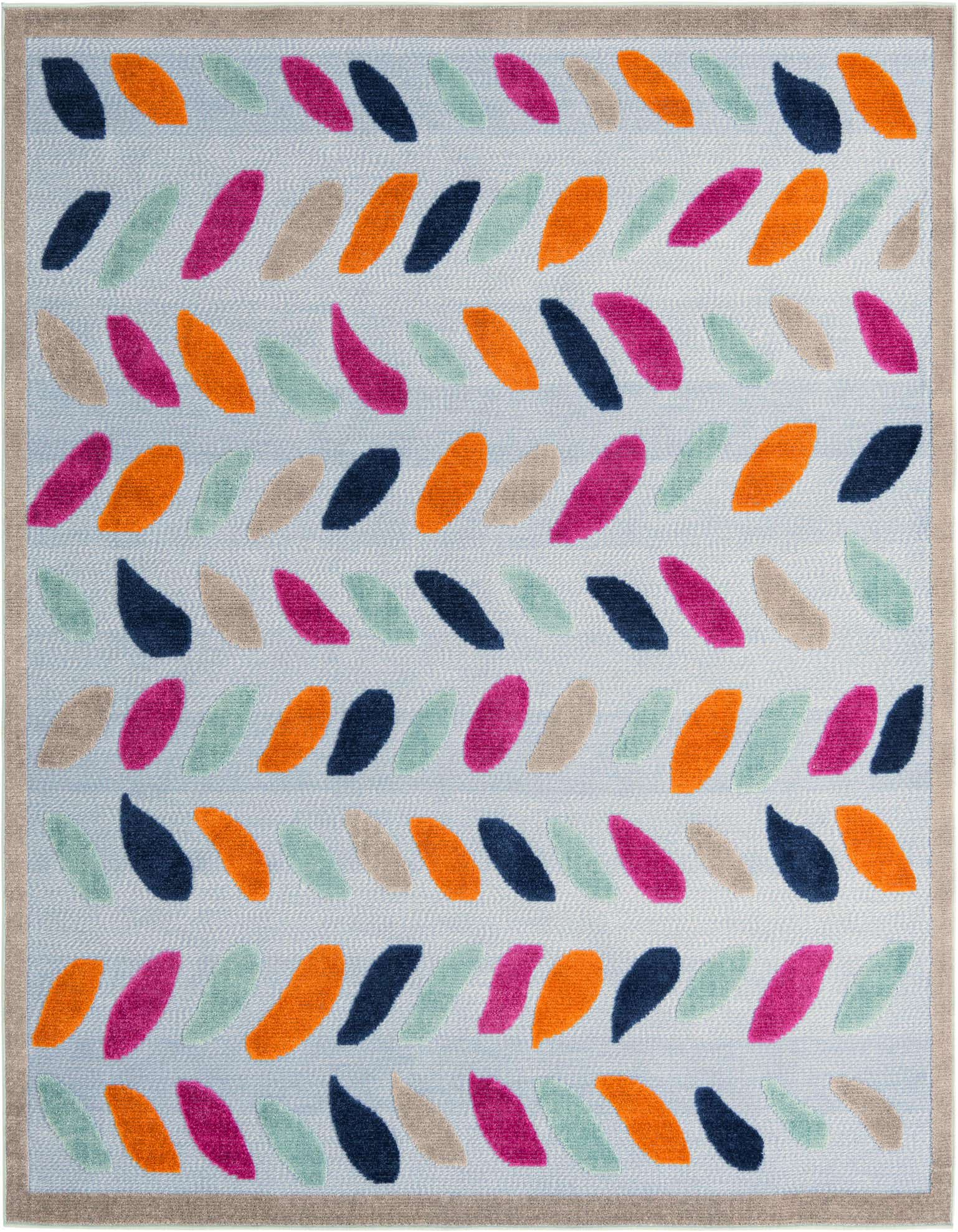 A square 7' 10 x 7' 10 Aruba Outdoor rug featuring a vibrant, repeating leaf pattern in orange, pink, navy, mint, and beige on a light blue background, with a tan border.