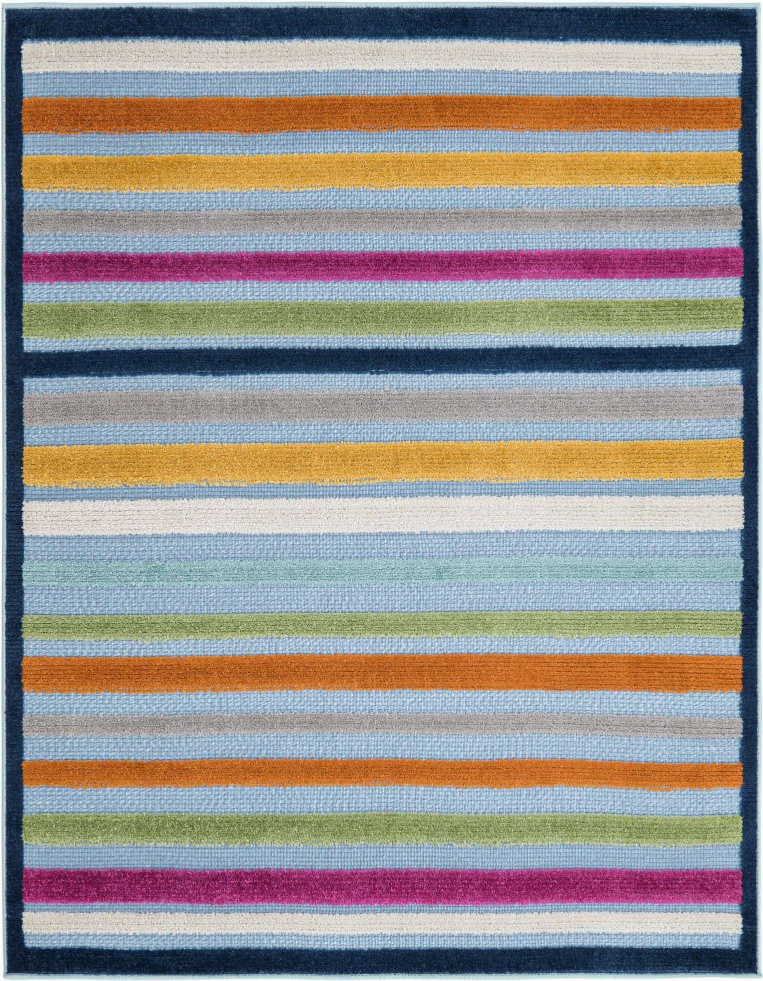 A 5' 3 x 5' 3 square Aruba Outdoor rug with a multi-color stripe pattern and a dark blue border, suitable for a patio.
