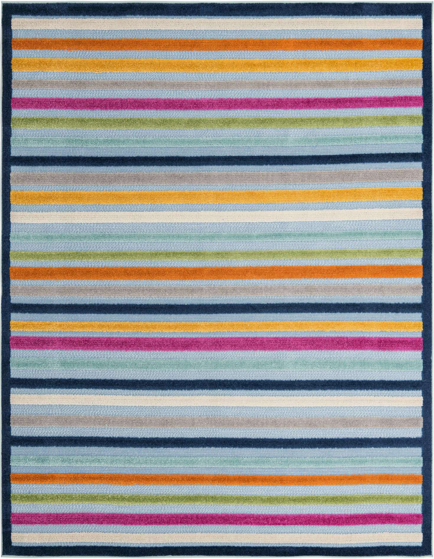 A square blue striped rug with vibrant horizontal bands of orange, pink, green, and gray, framed by a dark blue border.