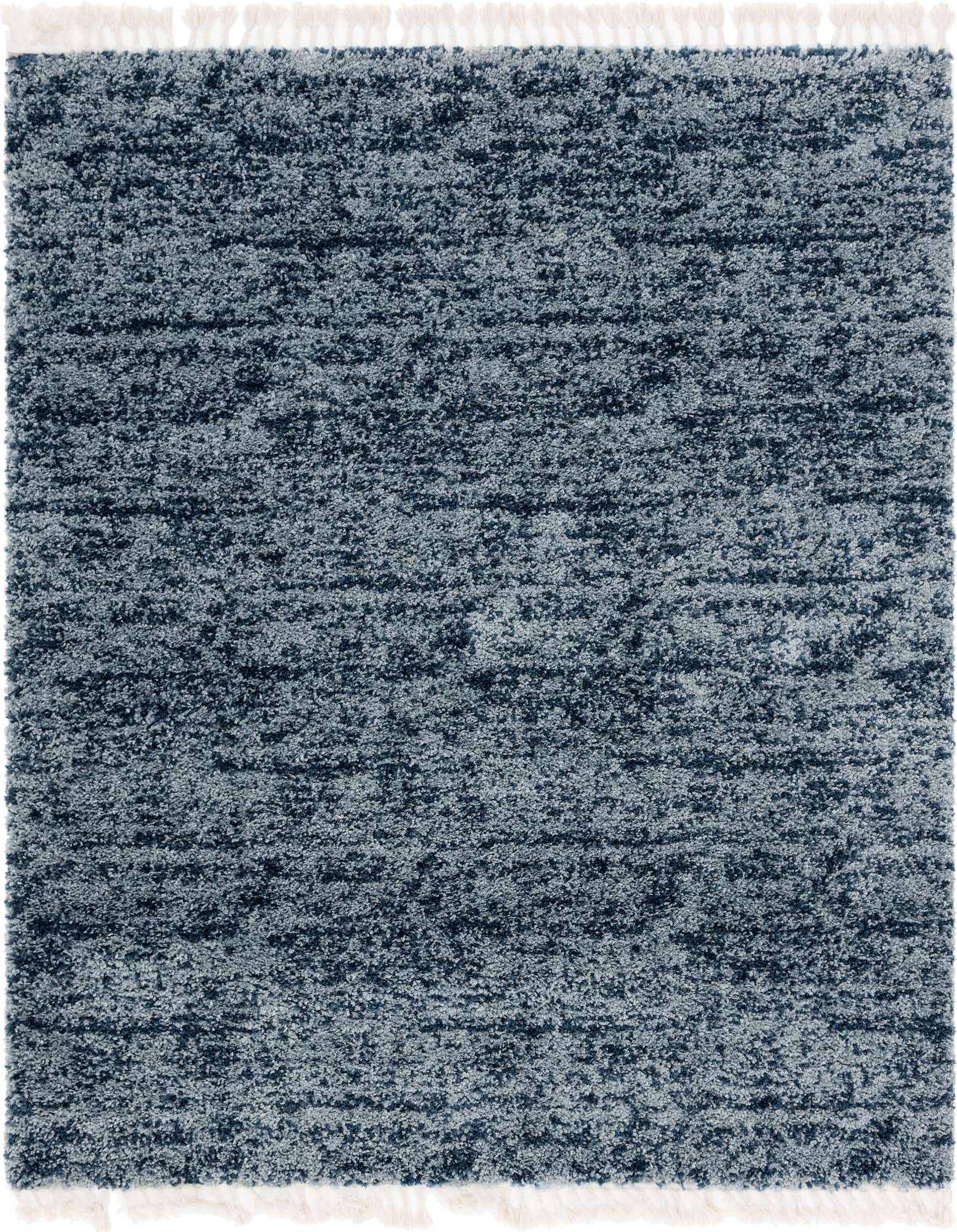 A square 8'x8' Athena Shag rug in varying shades of blue, featuring a soft, textured pile and white fringe.