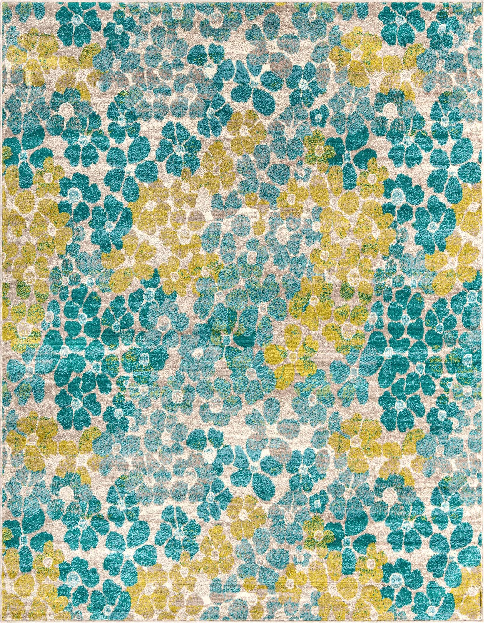 A 7' 10 x 7' 10 square rug with a modern botanical pattern featuring teal, light blue, and lime green flowers on a light beige background.