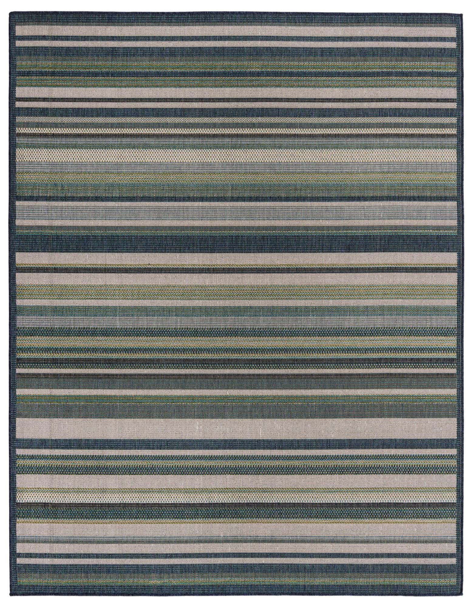 A 7' 10 x 7' 10 square Baja Outdoor rug featuring modern blue and green stripes, ideal for a patio.