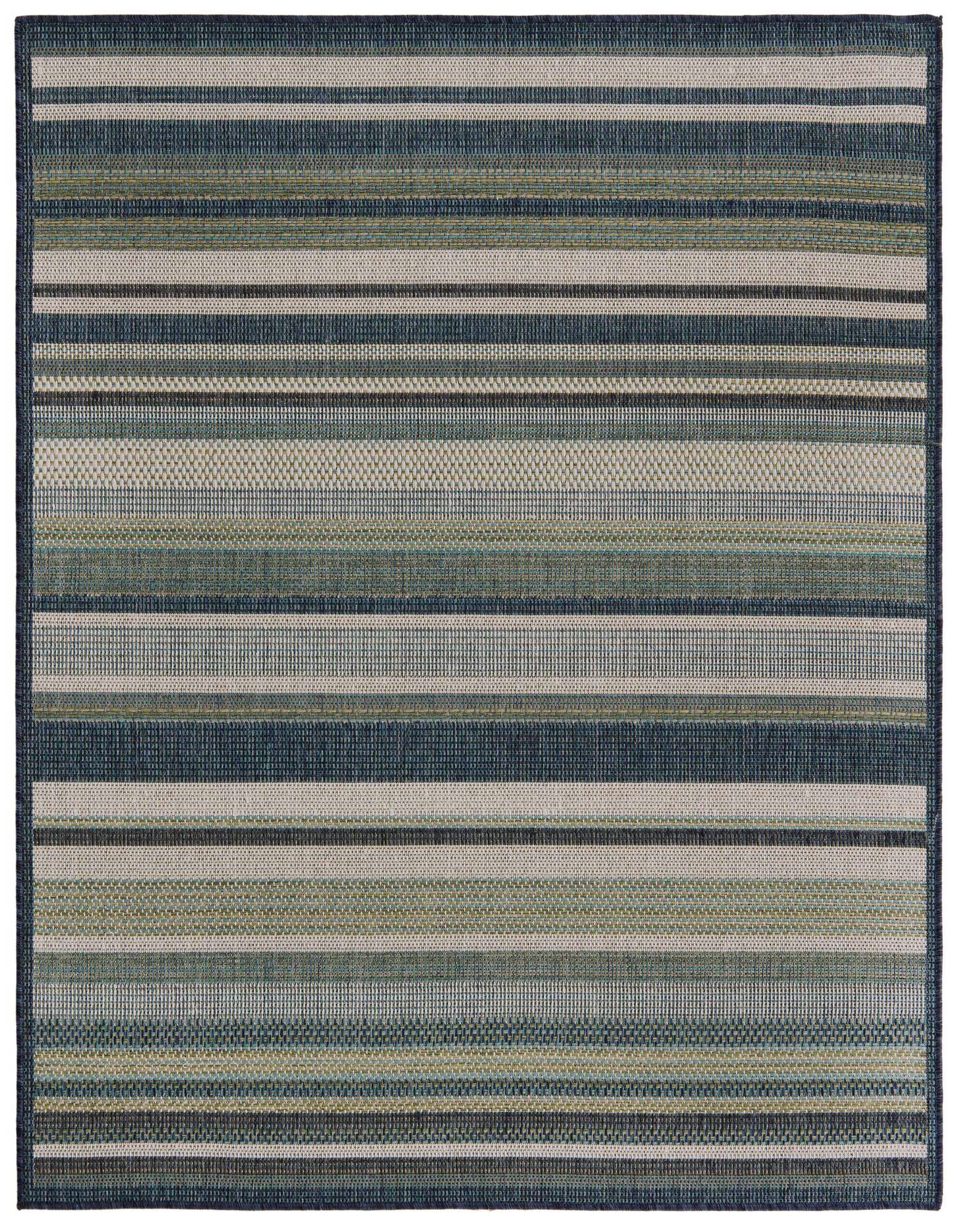 A 5'3" square Baja Outdoor rug featuring modern stripes in varying shades of blue, teal, and light beige, suitable for indoor or outdoor use.