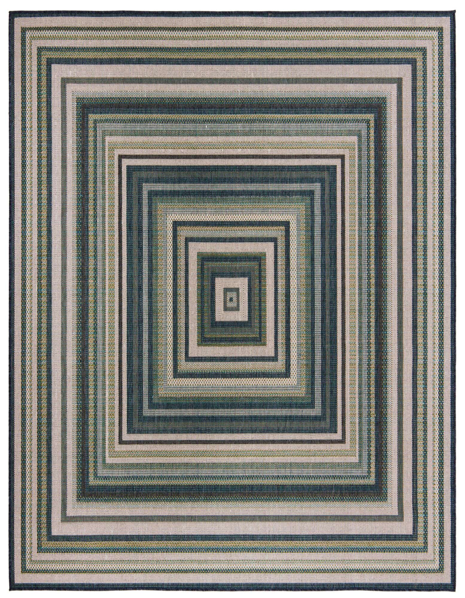 A 7'10" x 7'10" square Baja Outdoor rug with concentric blue and green stripes, suitable for indoor or outdoor spaces.