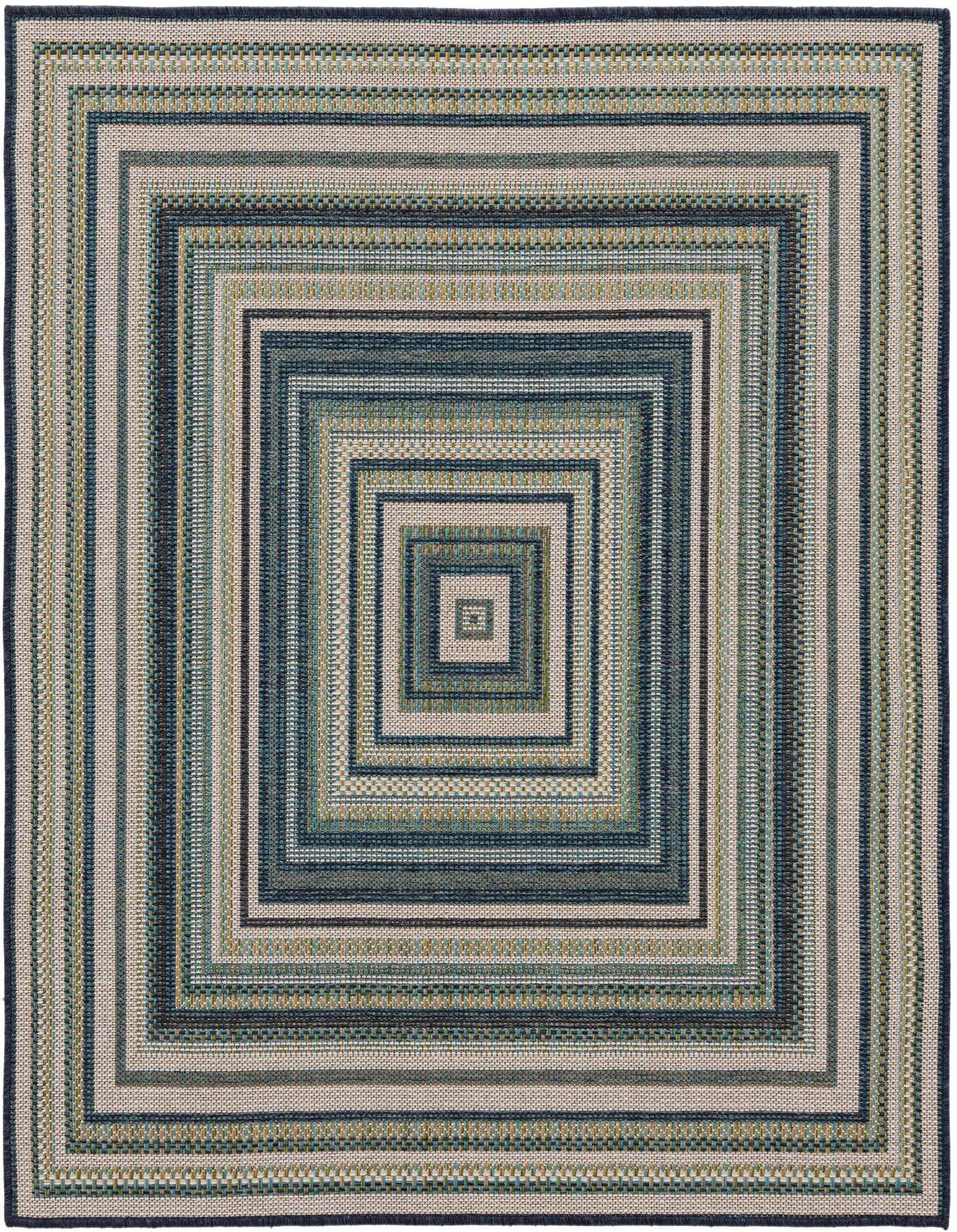 A 5' 3 x 5' 3 square Baja Outdoor rug featuring concentric blue, green, and beige stripes, ideal for a patio.