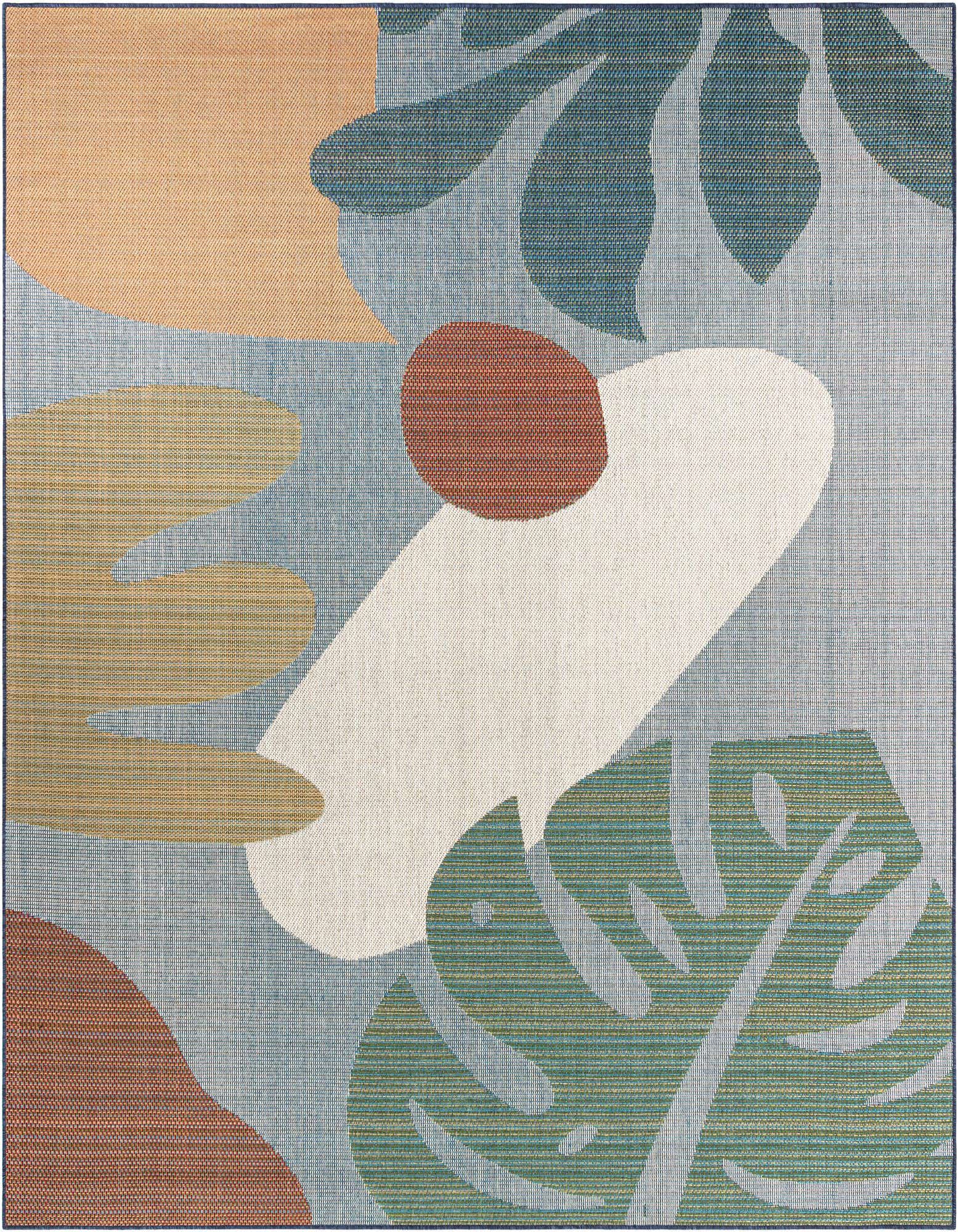 A 10'x10' square Baja Outdoor rug featuring an abstract modern pattern with blue, green, orange, and white organic shapes, including large monstera leaves, suitable for a patio.