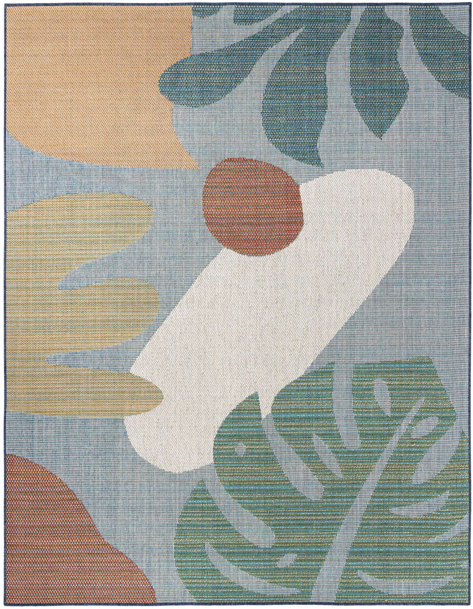 A 7' 10 x 7' 10 square blue modern abstract rug featuring large organic shapes in teal, rust, beige, and off-white.