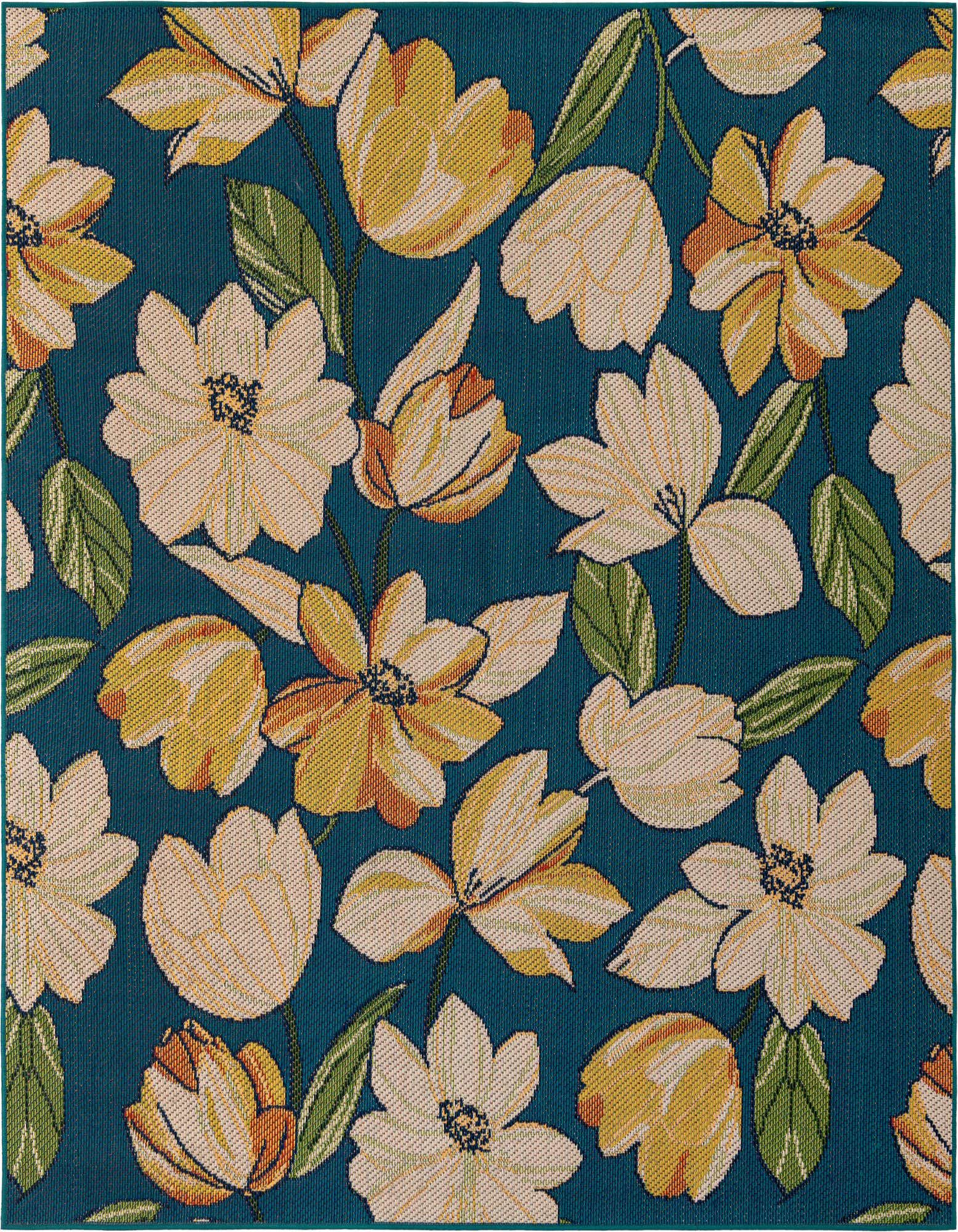 A square blue outdoor rug with a modern floral pattern featuring large yellow and white flowers with green leaves.