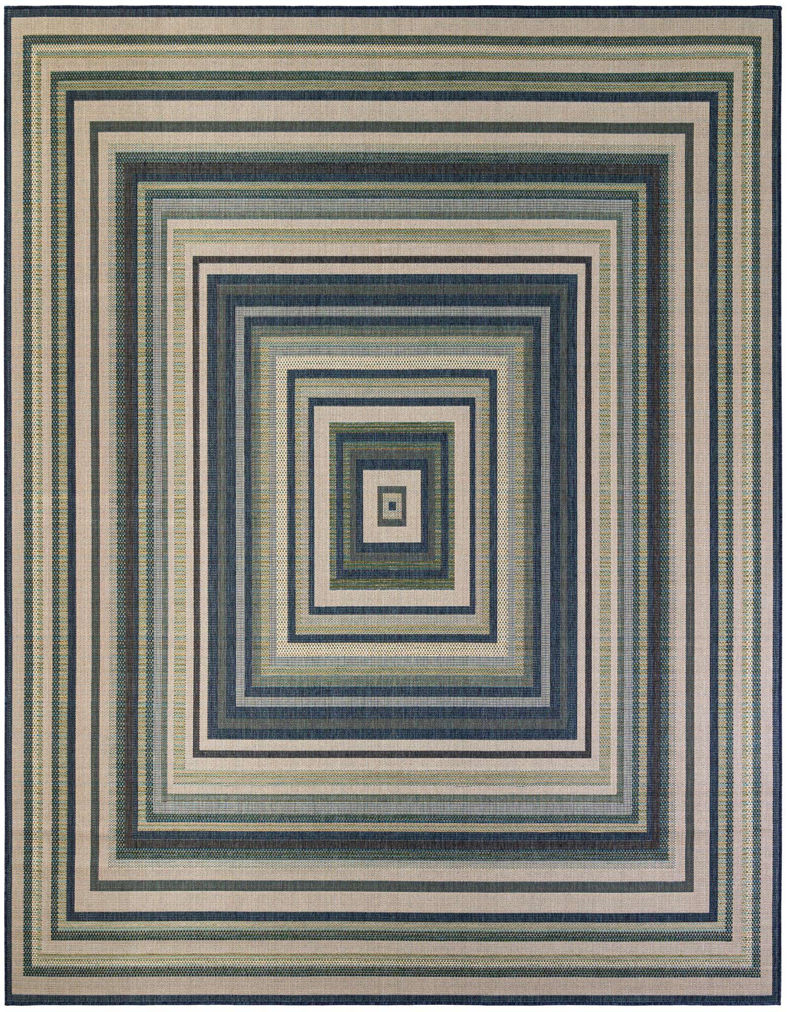A 12'x12' square Baja Outdoor rug featuring a modern concentric square stripe pattern in various shades of blue and beige.