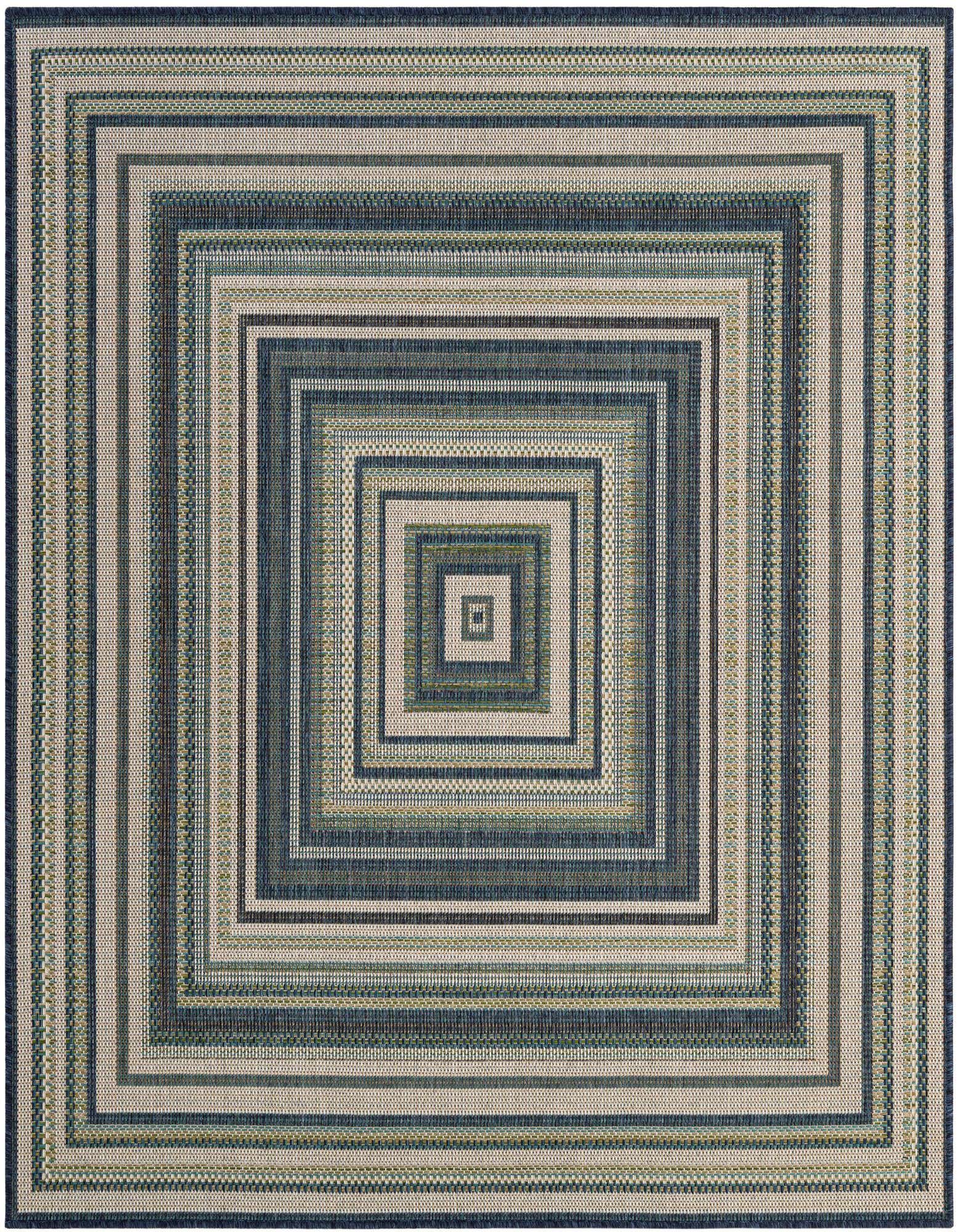 A 6'x6' square Baja Outdoor rug featuring a modern concentric square stripe pattern in various shades of blue and beige.