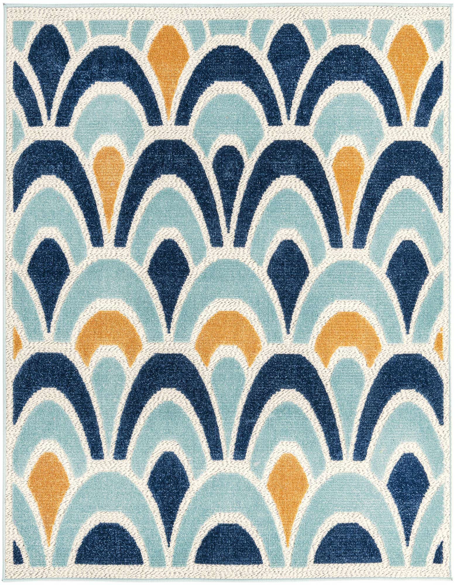 A 5'3" x 5'3" square Rugs.com Belize Outdoor rug featuring a modern trellis pattern in shades of blue and orange on a cream background.