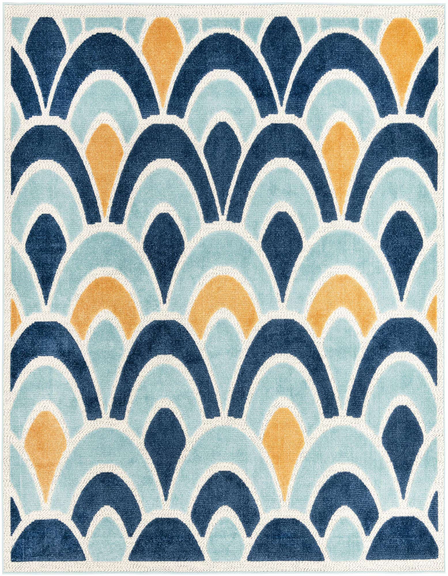 A square 7'10 x 7'10 blue transitional rug with an interlocking scallop and trellis pattern in varying shades of blue and orange, suitable for indoor or outdoor use.