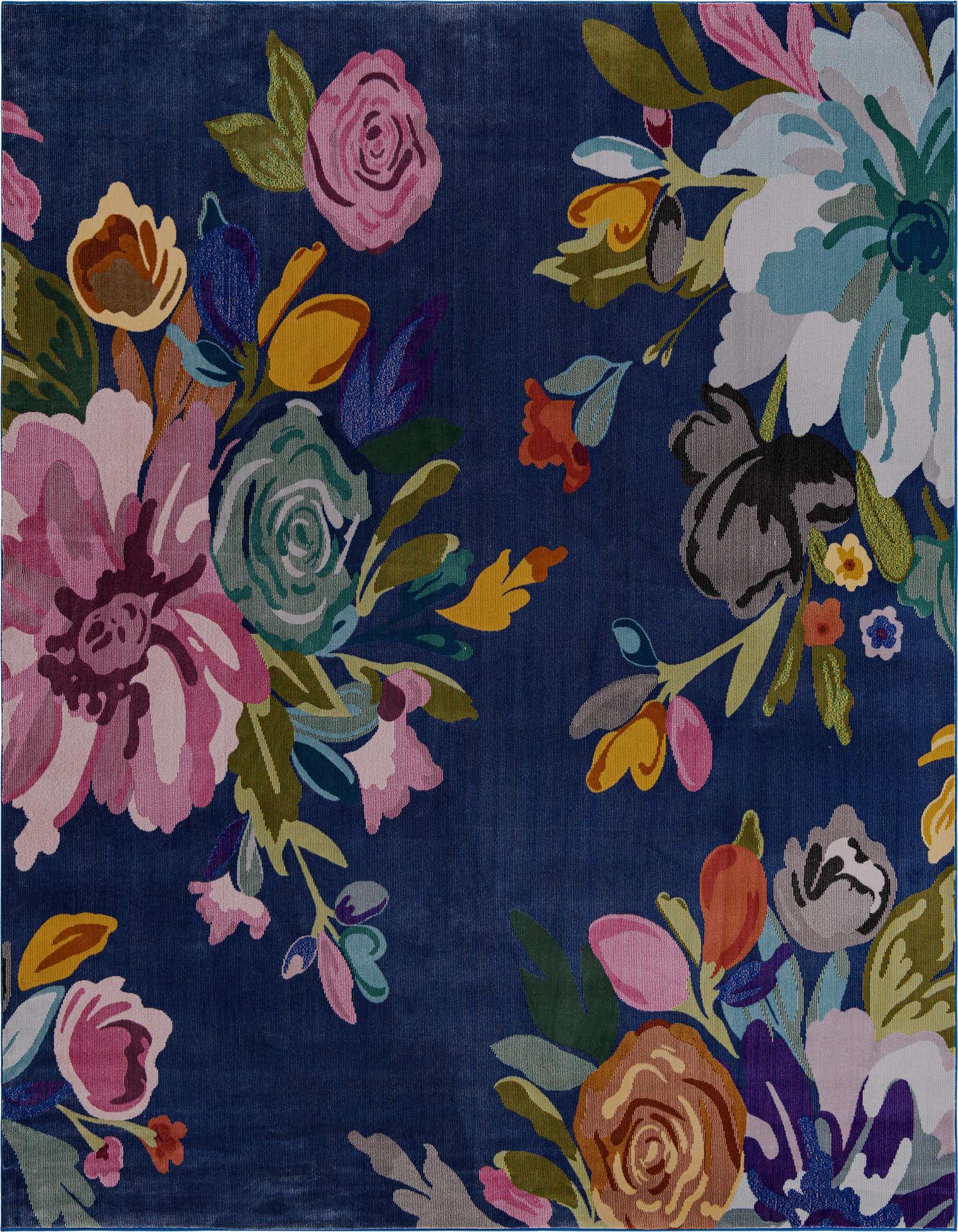 A square blue area rug with a vibrant, modern floral pattern featuring large pink, white, green, and orange blossoms.
