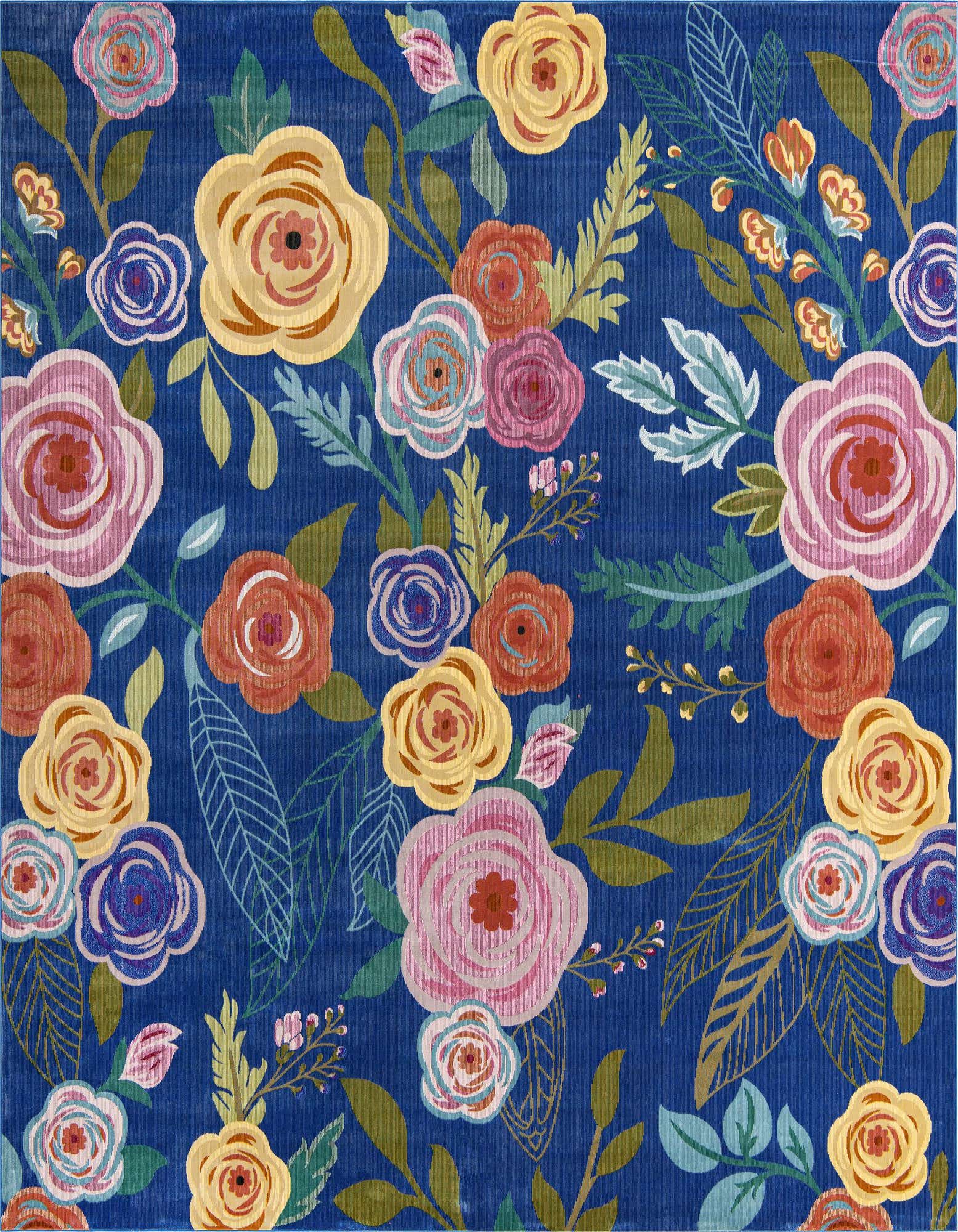 A vibrant 10'x10' square blue rug with a modern floral pattern featuring large pink, yellow, and orange blossoms with green leaves.