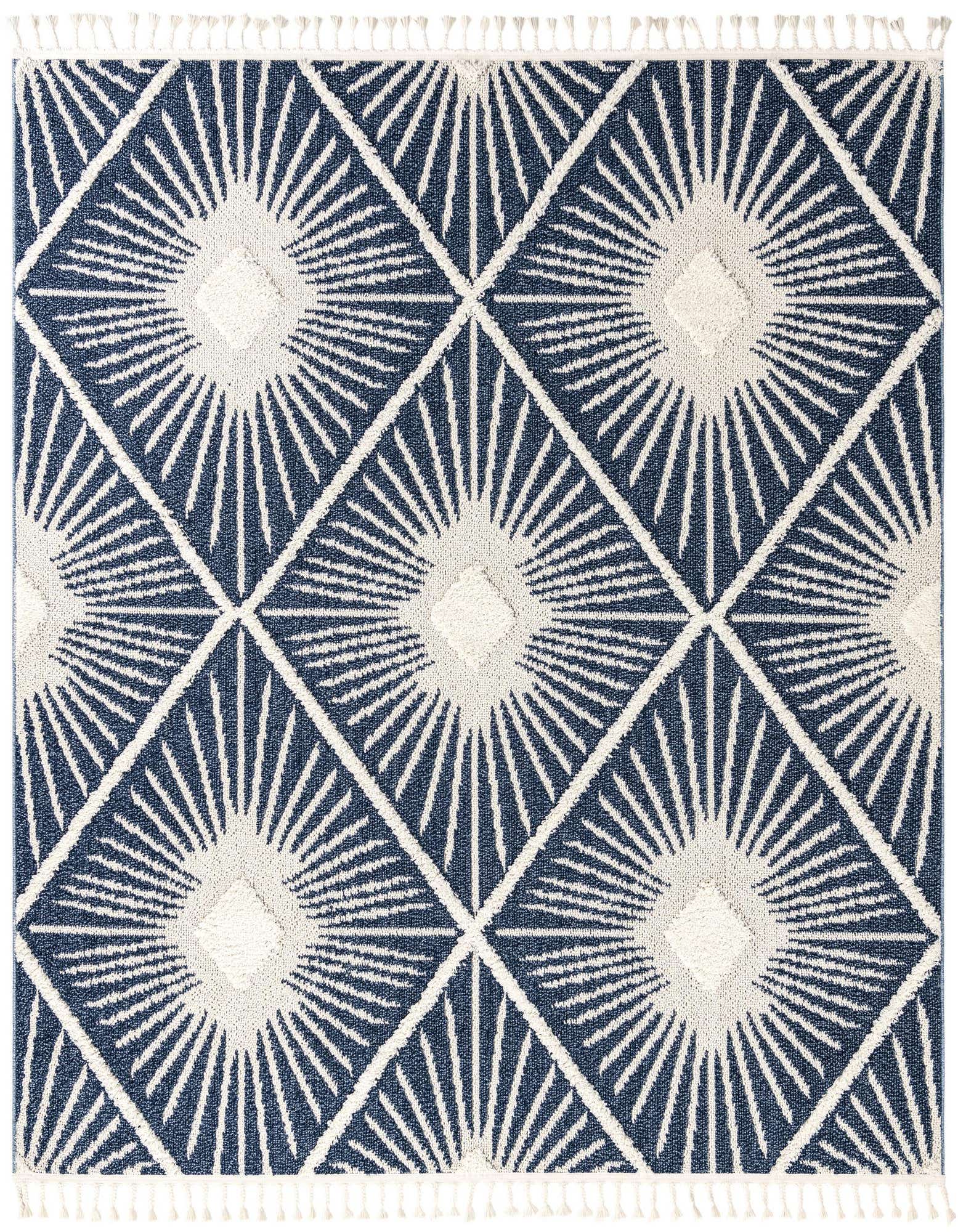 A 7'10" x 7'10" square blue and white bohemian rug with a modern trellis pattern and fringe.