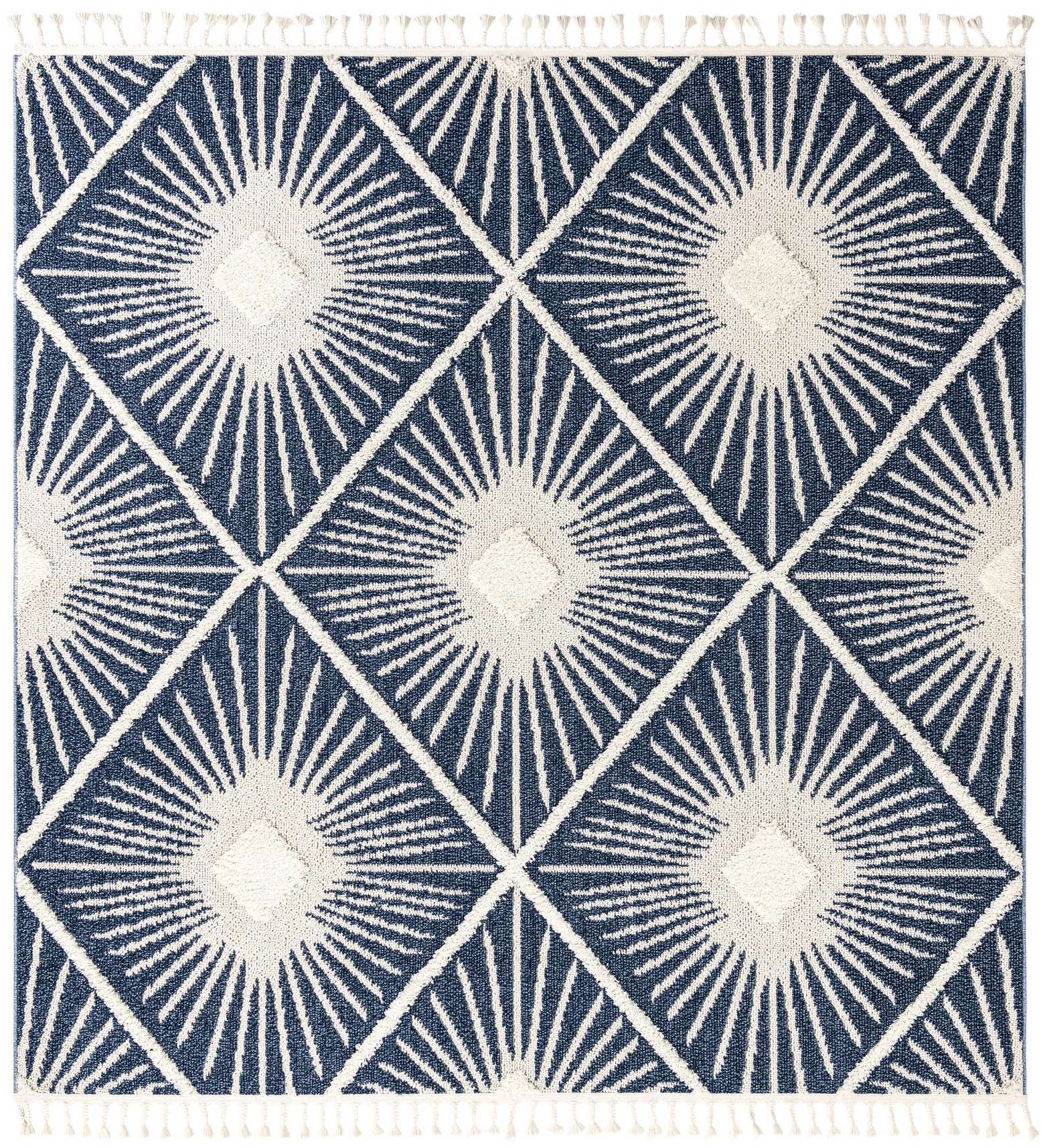 A 7'10" x 7'10" square blue and white bohemian rug with a modern trellis pattern and fringe.
