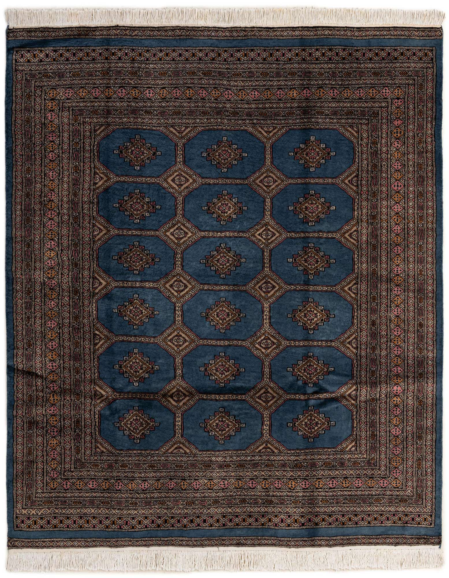 A 5' 10 x 6' 2 square blue Bokhara rug with a traditional Oriental pattern and tribal motifs, featuring a detailed border and central medallions.