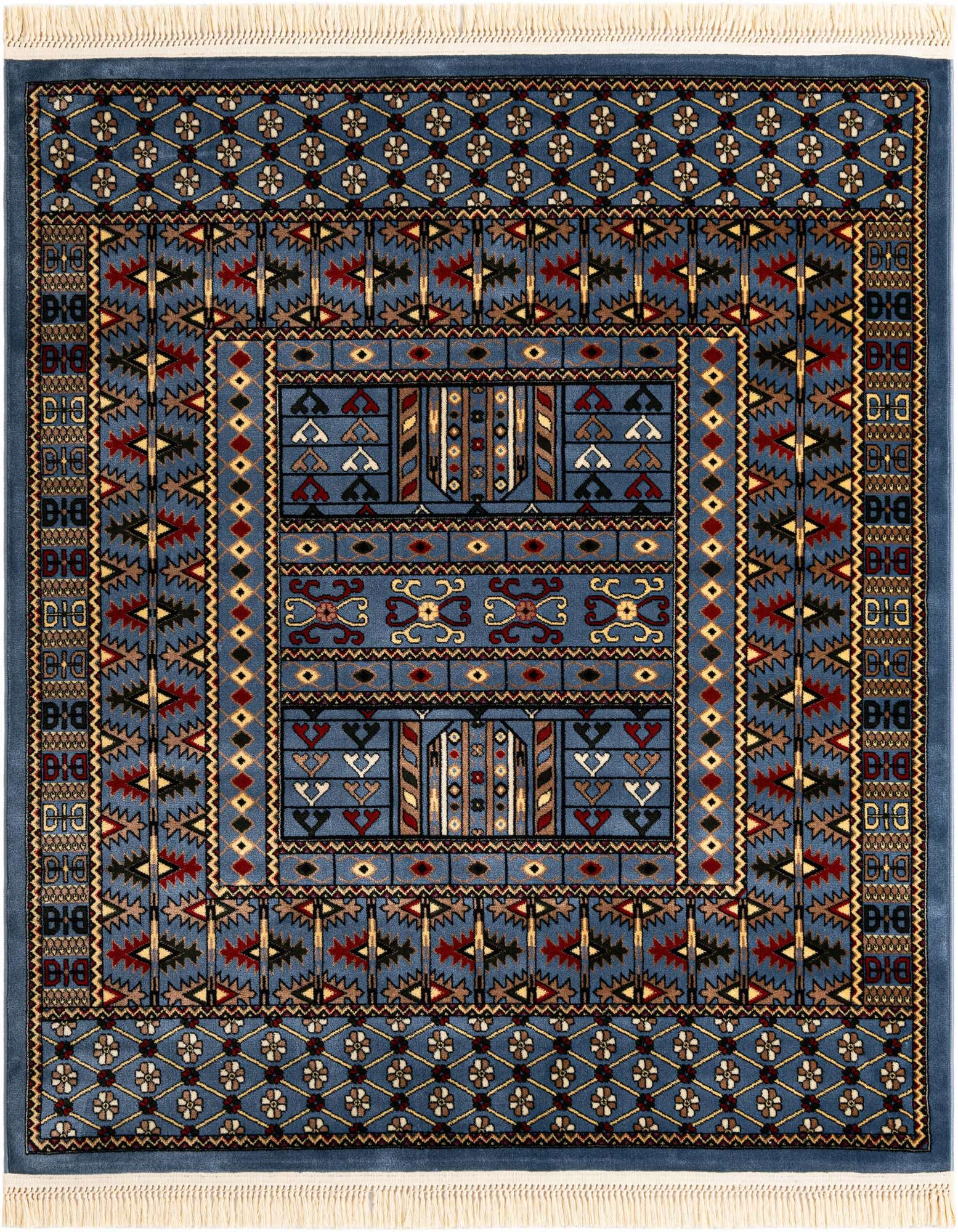 A 6' 0 x 6' 0 square blue rug with intricate traditional geometric patterns in red, gold, and black, featuring white fringe.