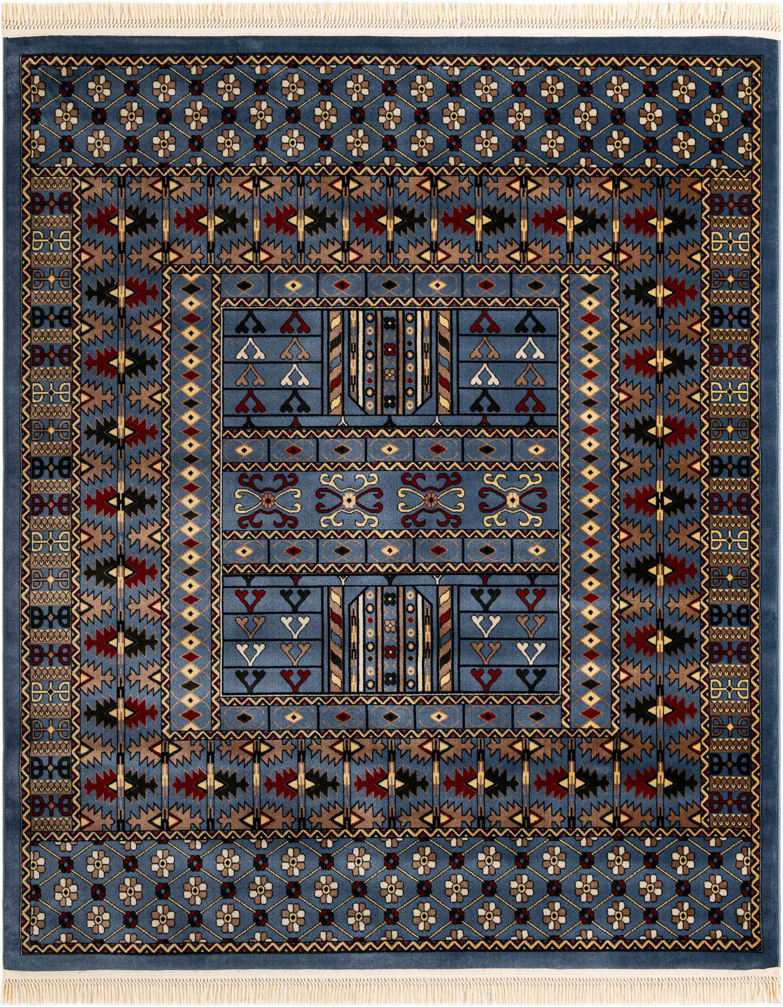 A square Bokhara rug, 7' 10 x 7' 10, featuring a rich blue background with intricate traditional patterns in red, gold, black, and cream, framed by a detailed border and white fringe.