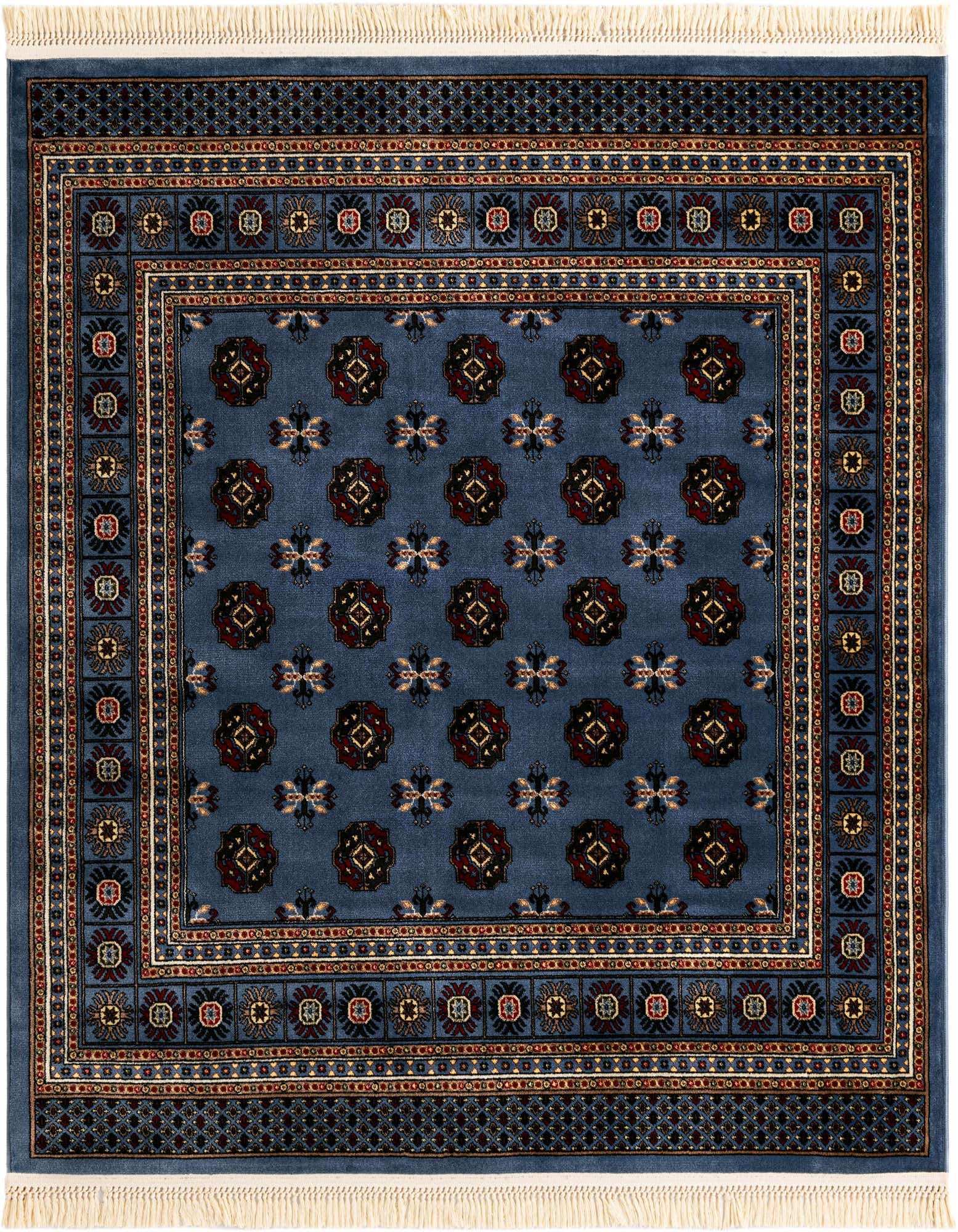 A 6'x6' square blue Bokhara rug with intricate red, gold, and black traditional patterns and fringe.