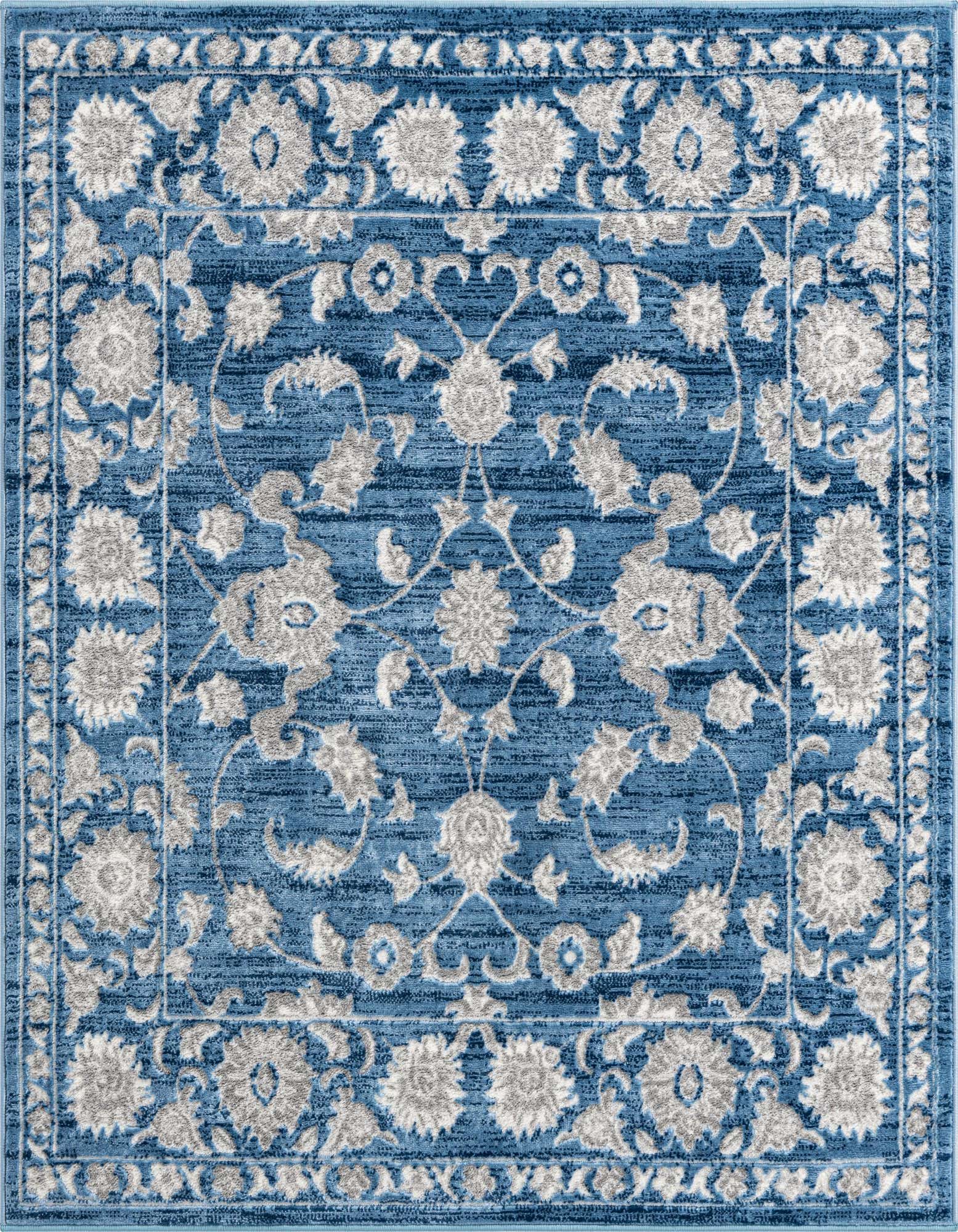 A 5' 3 x 5' 3 square blue area rug featuring a traditional botanical pattern with light gray floral motifs and a detailed border.