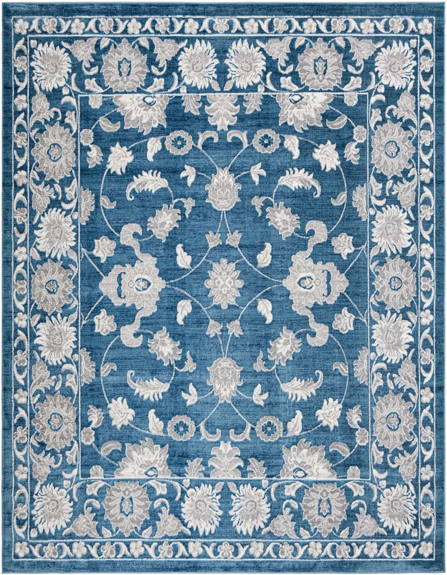 A 10'x10' square blue area rug with an intricate light gray and white floral medallion pattern and a decorative border.