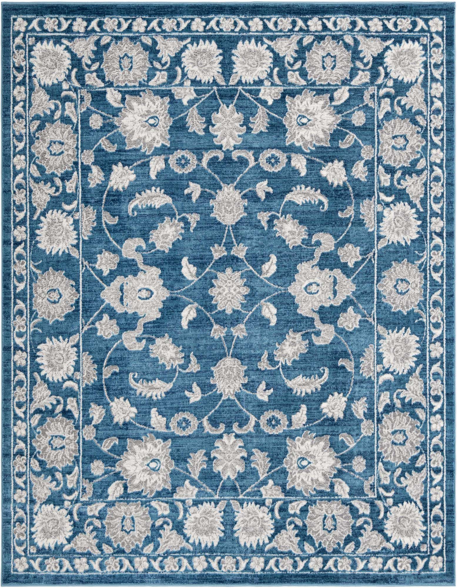 A square blue area rug with an intricate traditional floral pattern in light gray and white, featuring a decorative border.