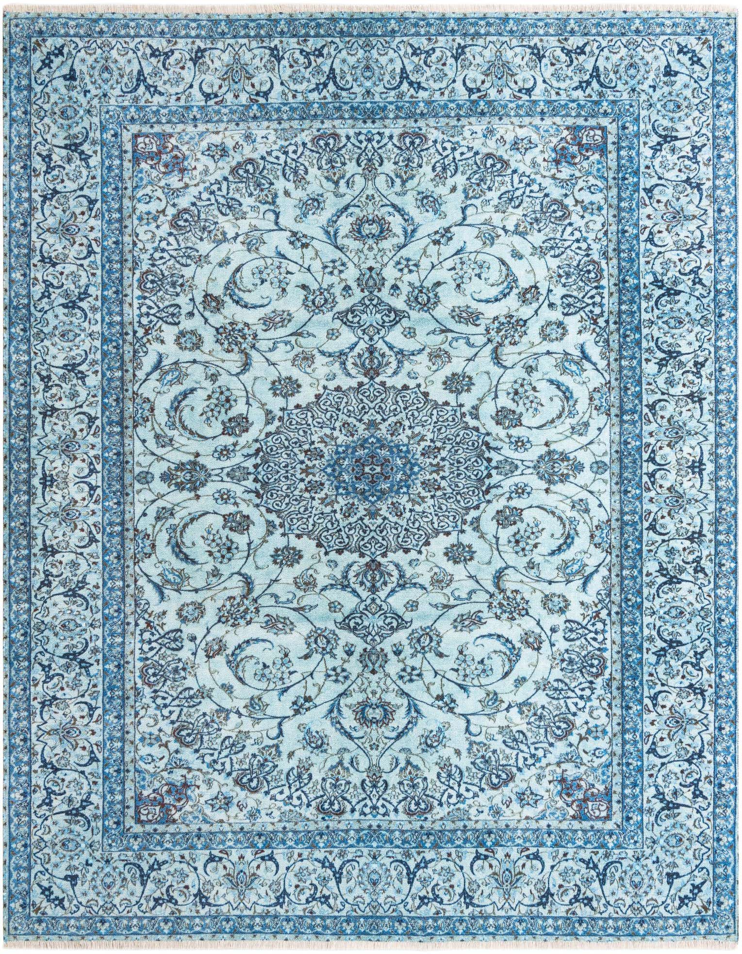 A square 7' 9 x 7' 9 blue traditional area rug with a detailed medallion and floral pattern, suitable for an indoor living space.