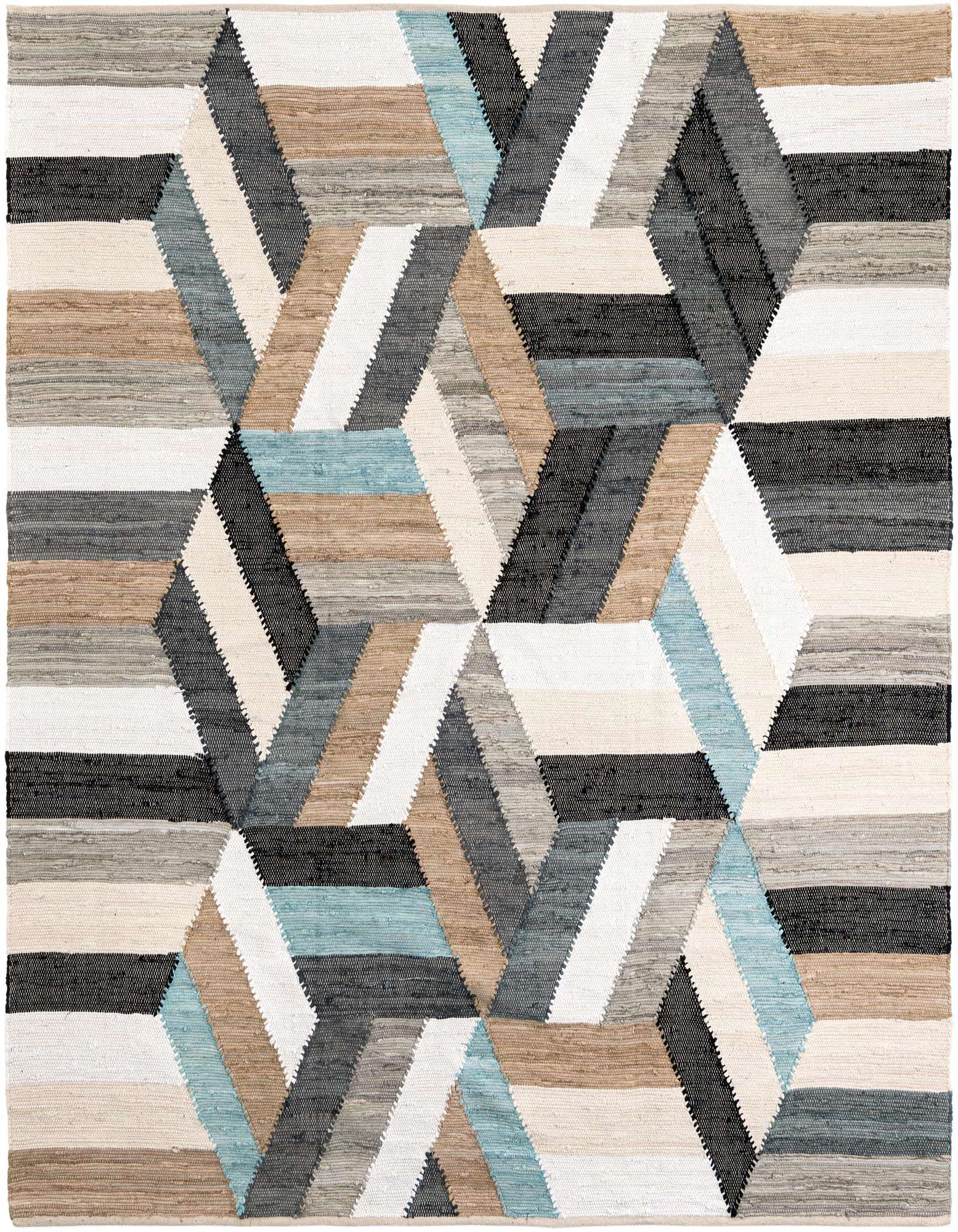 A square Chindi Cotton rug featuring a modern abstract geometric pattern in shades of blue, black, white, and brown.