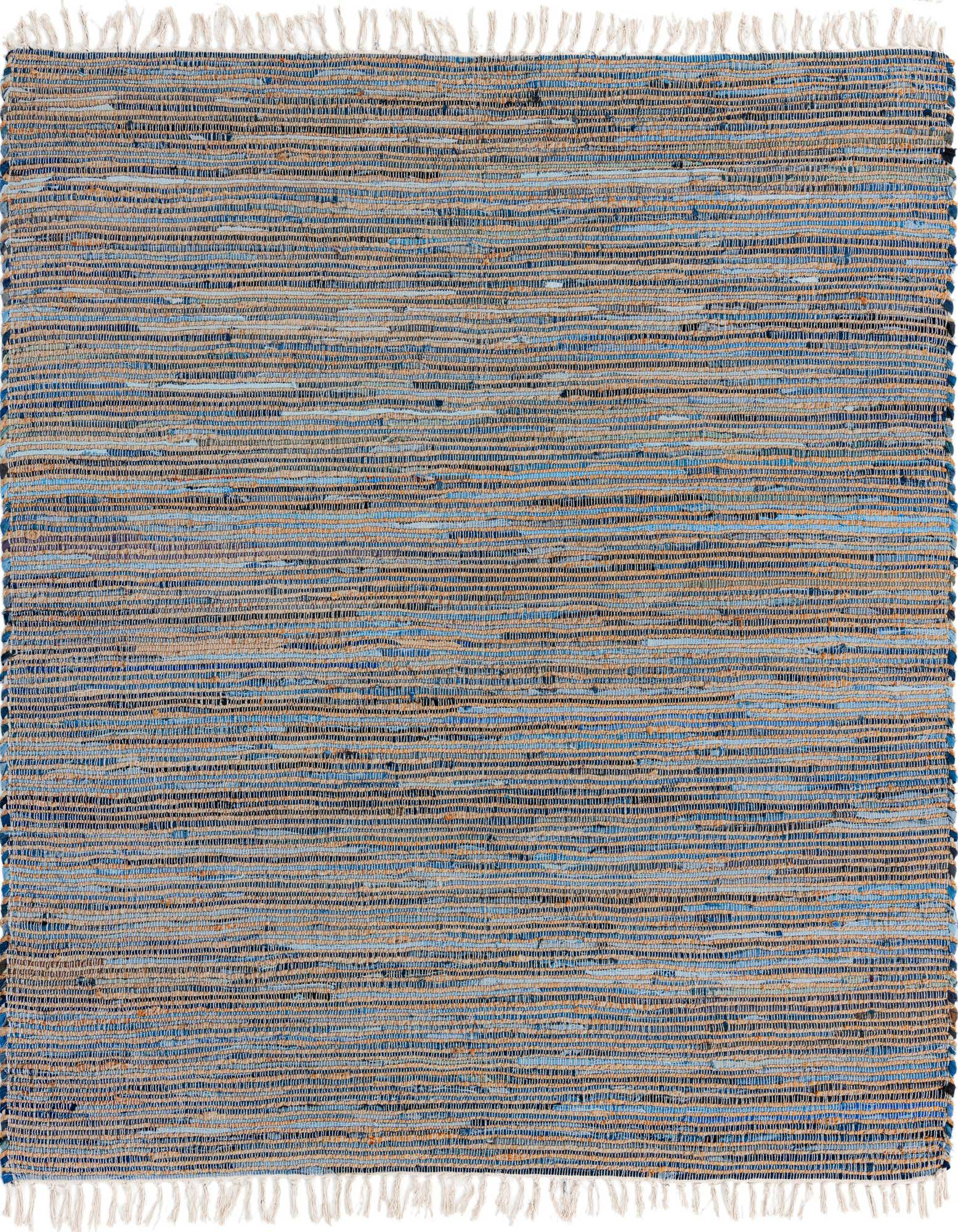 A 7' 1 x 7' 1 square Chindi Jute rug by Rugs.com, featuring a textured flatweave in various shades of blue and natural jute, with white fringed edges.